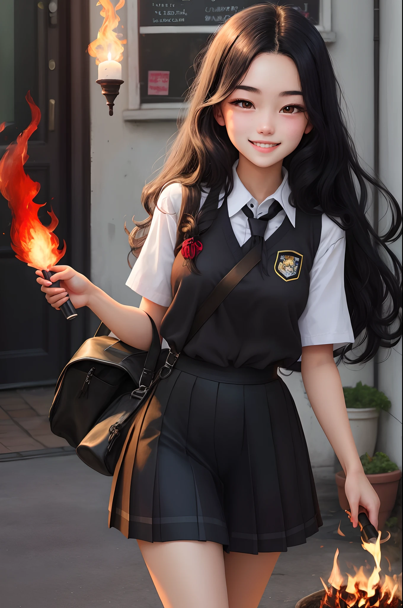 18 year old girl, long black hair, red eyes, schoolgirl outfit, holding a flame in her hand, smiling