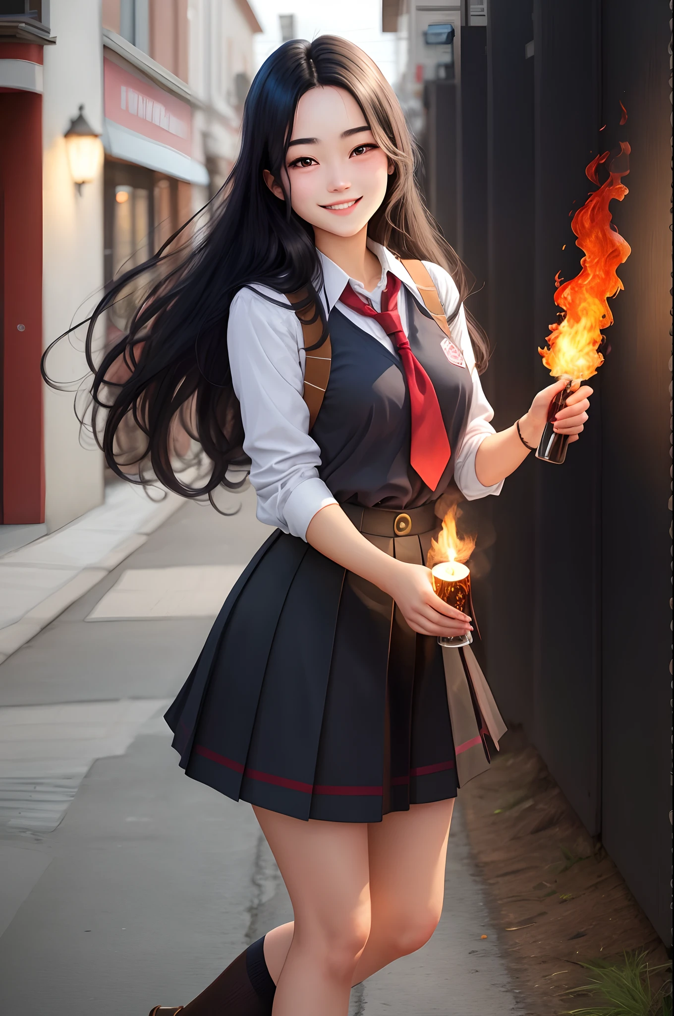 18 year old girl, long black hair, red eyes, schoolgirl outfit, holding a flame in her hand, smiling