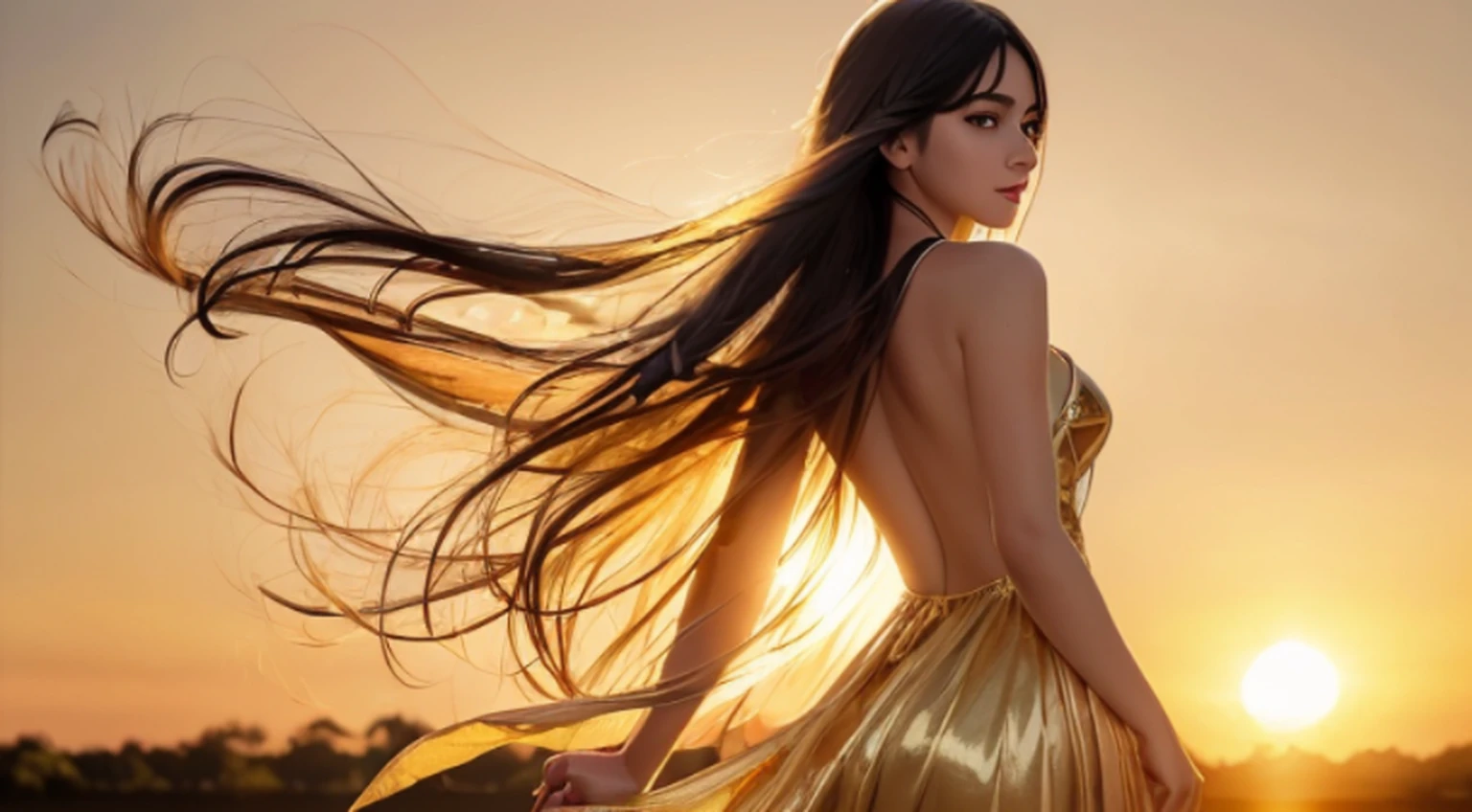 (RAW photo:1.2), (photorealistic:1.4),(masterpiece:1.3),(best quality:1.4), dreamlike, (detailed eyes),(detailed facial features), (detailed clothes features), skin tight, (shiny skin),(slender girl),(slim girl), 1girl,solo, cute, innocent, smlie, VirtualGirl-Aim, (medium breasts), bangs, straight hair, long hair, black hair, black eyes, crystal pendant, long dress, (floating hair:1.6), (ranch), (horses from far), (sunset), (golden hour:1.6), (backlight:1.2), (natural sunlight from back:1.4)