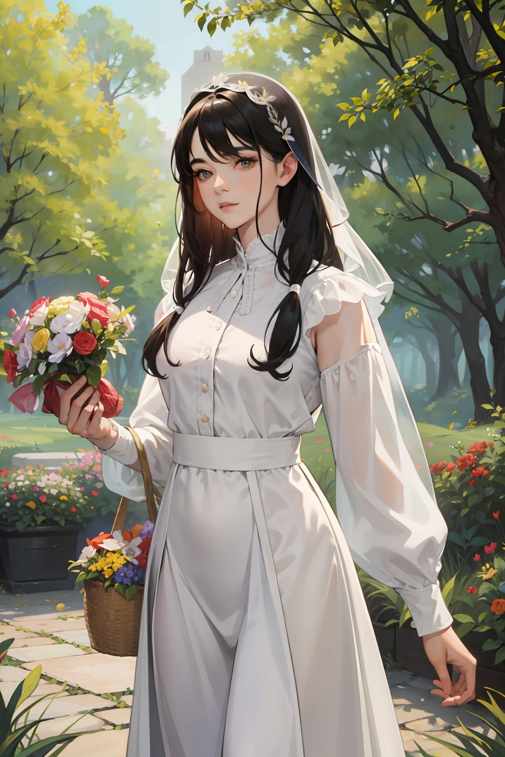 NSFW, obra-prima, melhor qualidade, ultra-detalhado, semi-realista, detailedfacialfeatures, 2 garotas jovens ,wearing 15th-century French peasant clothing,cabelos negros,compridos,olhos claros, sweet and gentle appearance,muito bonita,middlebreasts,ingenua,Standing holding a basket of flowers walking through the forest