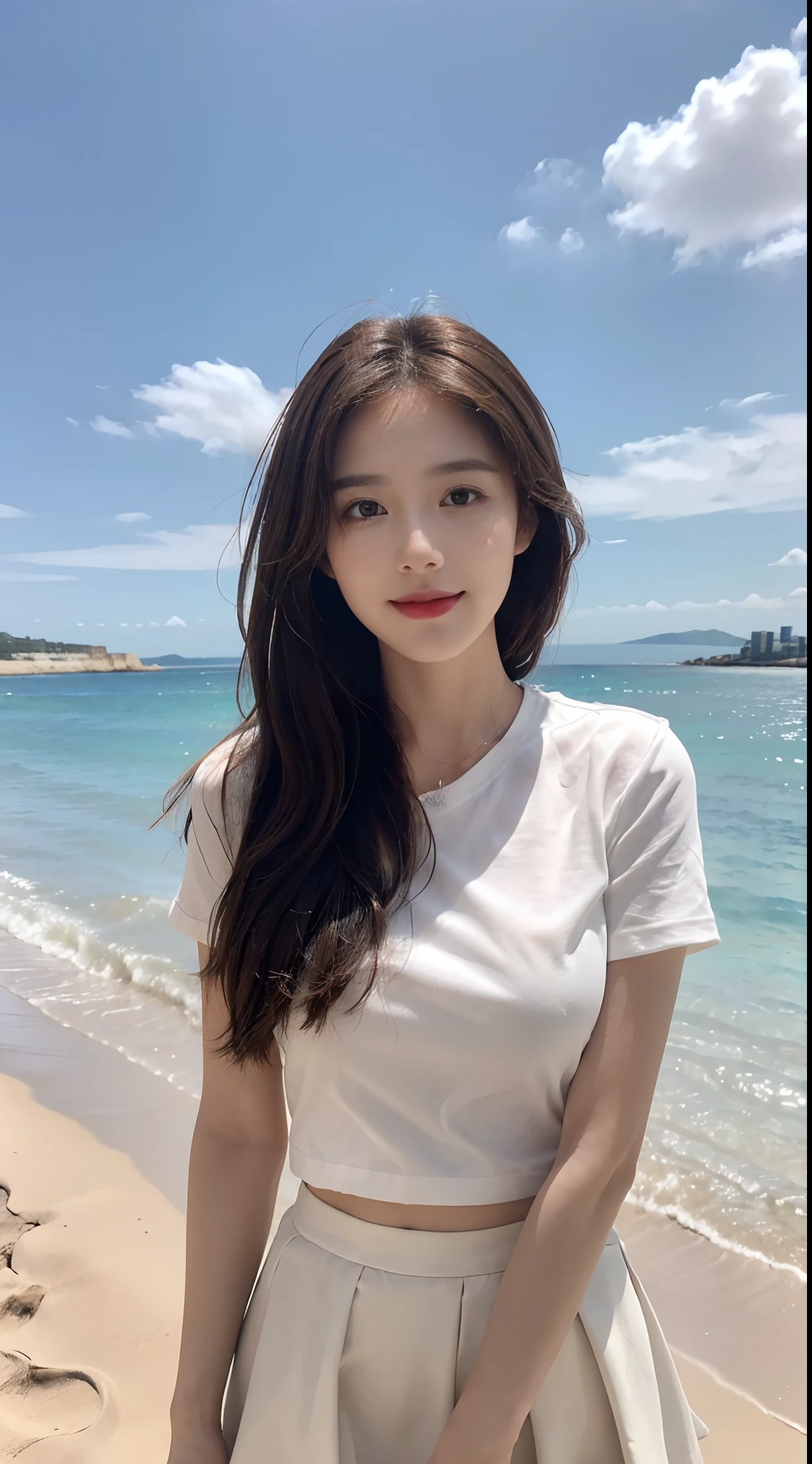 ((Best picture quality, 8K, tmasterpiece: 1.3)), self-shot, Sharp focus: 1.2, A cute beauty with a perfect figure: 1.4, Slim, ((Brown hair black)) , (whitet-shirt，pleatedskirt，Highly detailed face，Happy expression，standing on your feet：1.2），（（with blue sky and white clouds，Beach by the sea：1.3. Produced with a major focus on women）），Highly detailed facial and skin texture，Detailed eyes，二重まぶた