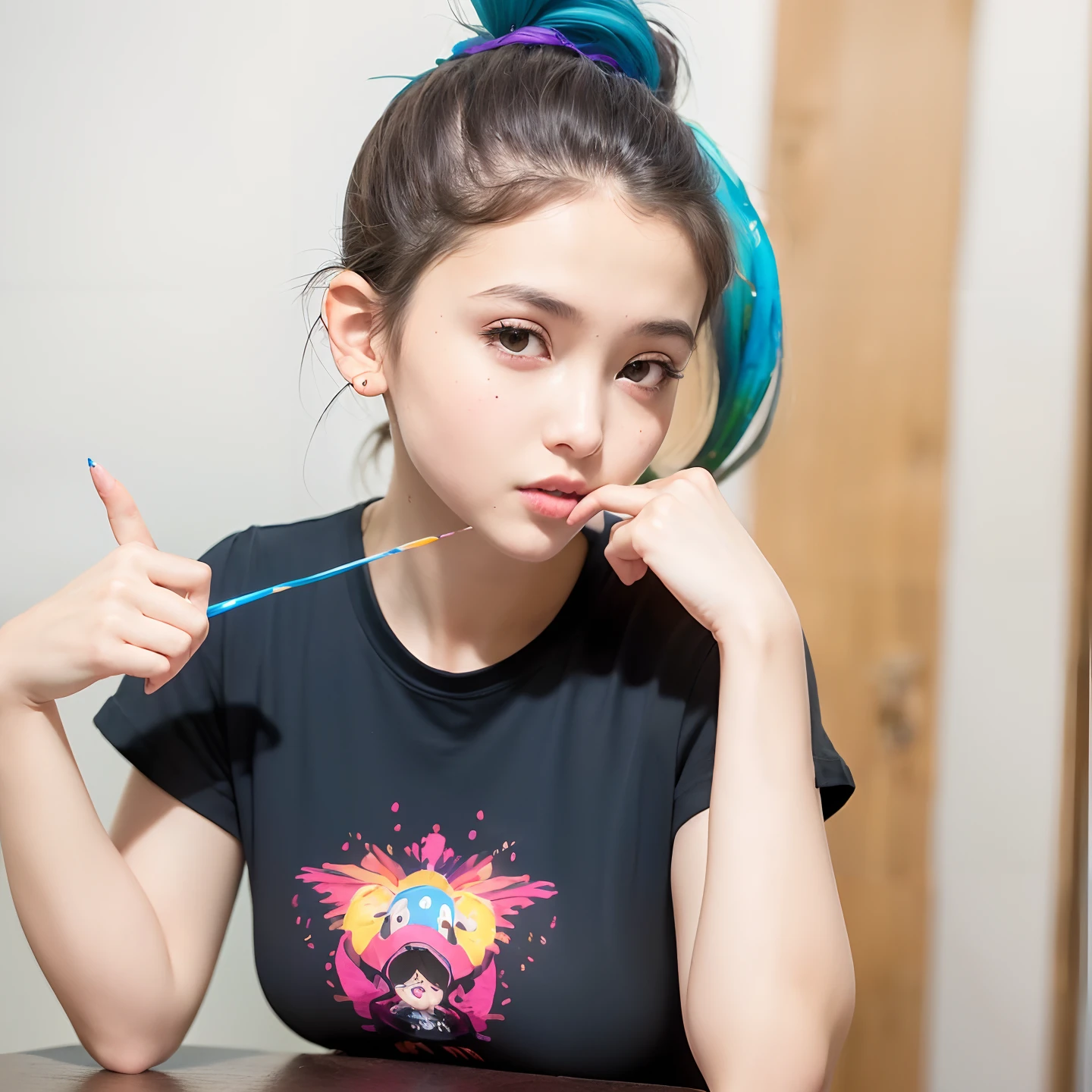 There is a woman who is posing for a photo in a room, 19-year-old girl, 18 anos, Lorena Avarez, imagem de perfil, 1 9 anos, 1 6 anos, ela tem cerca de 2 0 anos, ela tem cerca de 20 anos, 21 anos, Marischa Becker (T-shirt Pink Fashion: 1.9),(Cabelo colorido: 1.8), (all colors of the rainbow: 1.8),(((((pintura vertical:1.6))), (pintura:1.6),frente, banda desenhada, Illustrations, pinturas, olhos grandes, olhos cristalinos,( Color gradient rainbow high ponytail:1.7), maquiagem requintada, boca fechada,(Small Fresh: 1.5),(Limpar peito: 1.6), long eyeslashes, T-shirt branca fora do ombro, camisa de ombro branco, looking up at the audience, grandes olhos lacrimejantes, (rainbow colored hair:1.6), respingo de cor, (solo: 1.8), respingo de cor, burst of colour, estilo de pintura grossa, messy lines, ((brilhante)), (colorido), (colorido), (colorido), colorido, estilo de pintura grossa, (splash) (respingo de cor), pintura vertical, parte superior do corpo, respingo de tinta, Acrylic Pigment, gradiente, tinta, mais alta qualidade de imagem, mais alta qualidade, obra-prima, solo, profundidade de campo, pintura facial, roupas coloridas, (elegante: 1.2), lindo, cabelo longo, vento, (elegante: 1.3), (Petals: 1.4),((obra-prima))),((melhor qualidade))),((ultra-detalhado)),(illustration),(dinamic angle),((flutuante)),(pintura),((cabelo desgrenhado)),(solo),(1girl) , (((rosto anima detalhado))),((rosto detalhado anima)),(belo rosto detalhado)),colar,ombros nus,cabelos brancos, ((cabelo colorido)),((cabelo listrado)),(olhos detalhados bonitos,(gradient color eyes),((olhos coloridos))),(((fundo colorido))),(high saturated))),((cercado por respingos coloridos))),