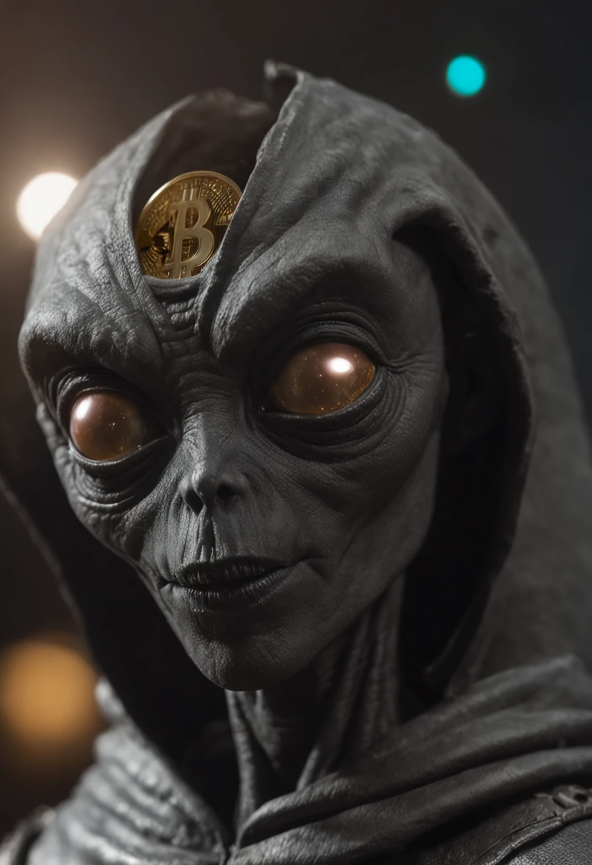 um adesivo, cute alien, sentado no foguete, logotipo do bitcoin, apontando para frente, vetor, fundo preto, Borda em negrito