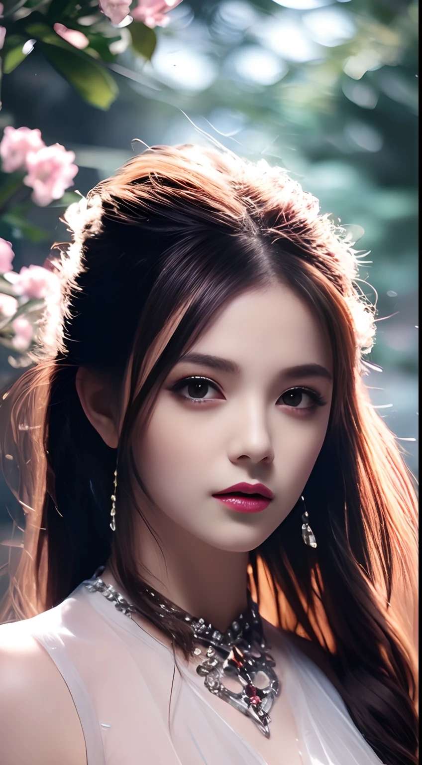 8K Ultra HD, Mastmis, A girl, Good face, Detailed, Eyes, Beautiful lips, Very red hair, dishiveredhair, Medium breasts, Wedding dress, White dress, In the park, Flying birds, blows wind, clear weather, Sitting, Full body capture,
