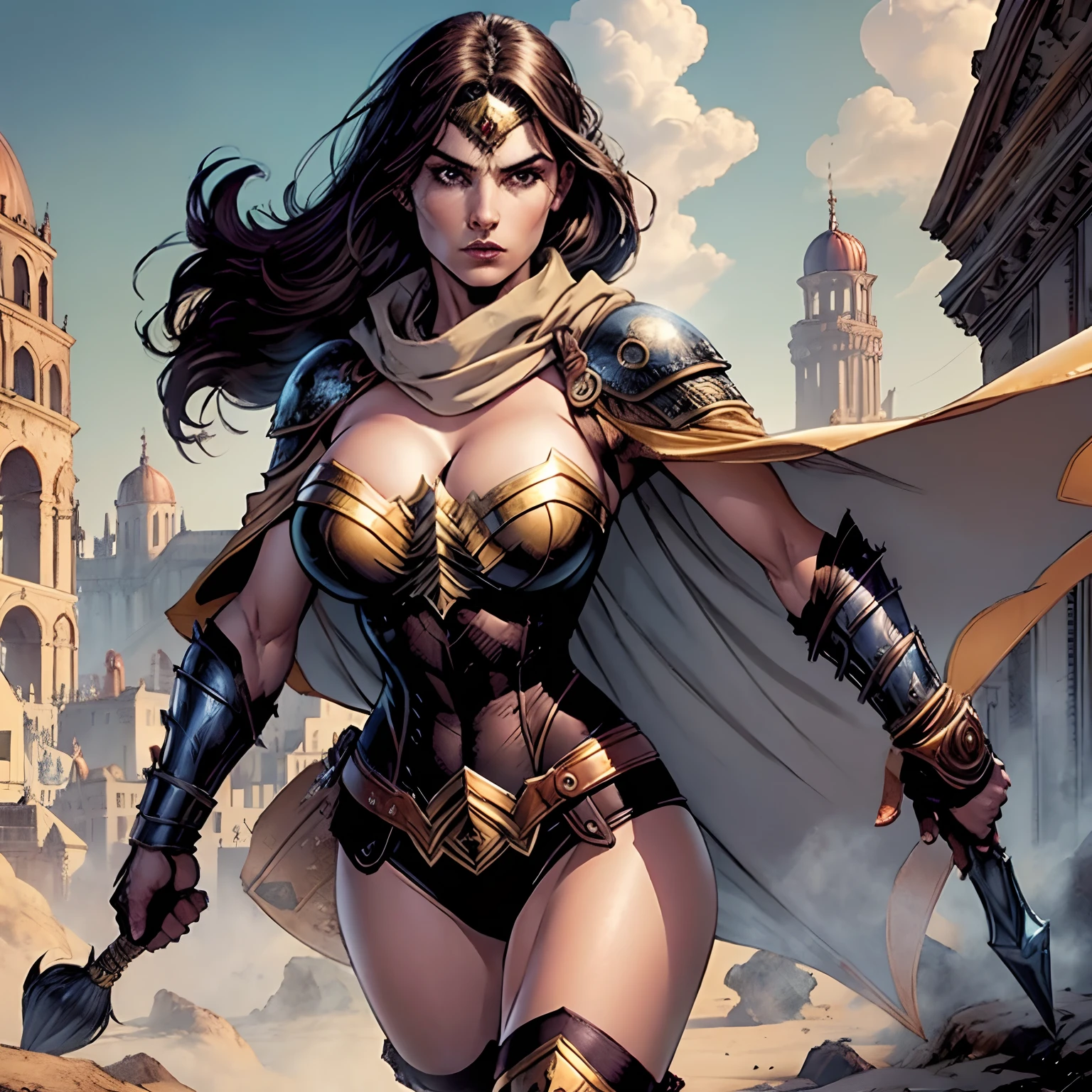 (masterpiece, top quality, best quality, official art, beautiful and aesthetic:1.2), (1girl:1.3), dark brown hair in a huge ponytail, extremely detailed, portrait, looking at viewer, solo, (full body:0.6), detailed background, close up, (hot summer coliseum theme:1.1), human gladiatrix, charlatan, mysterious, walking in forest, revealing bronze gladiator armor, spear and shield, metal bikini, topless, tits out, brown leather, cowl, cloak, bracers, armor, gauntlets, helmet, facemask, long boots, buckles, straps, light grey fabric, brown leather, gigantic breasts, cleavage, skindentation, slim waist, slim hips, long legs, medieval (coliseum arena exterior:1.1) background, dark mysterious lighting, shadows, magical atmosphere, dutch angle, (((Balsamique)))