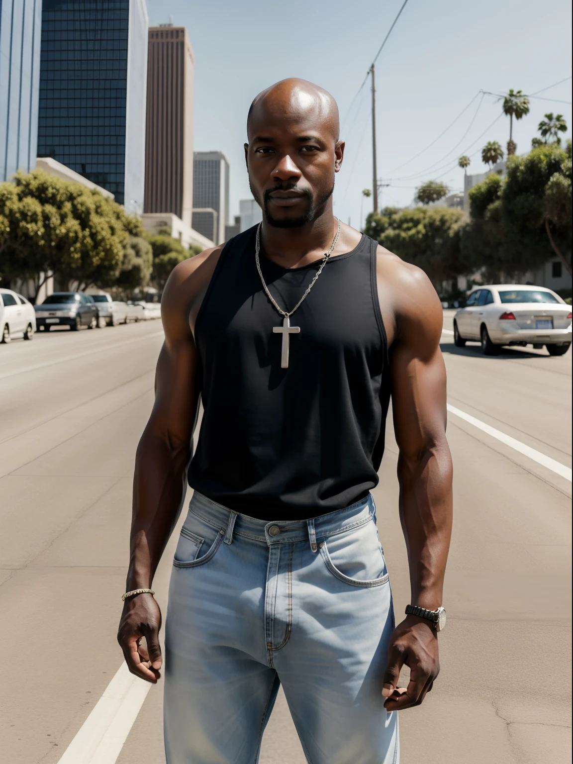 Masterpiece, hd, 4k, realistic, 1man, 30 ymo, man photo, African man, bald hair, black man ,wear white tanktop, wear long denim pants, wear cross necklace, muscle, los angeles background, city, standing, los angeles city