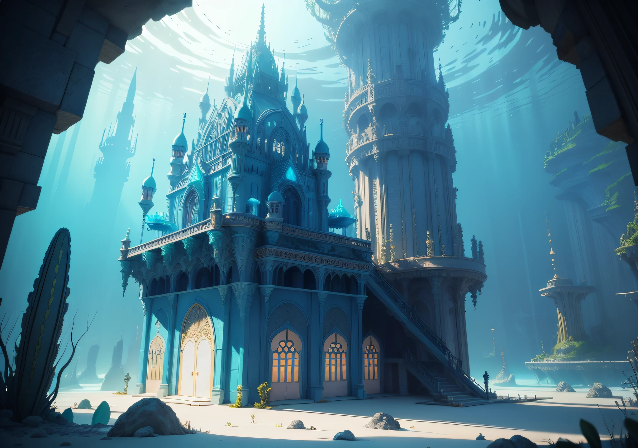 Undersea Palace, Fluorescent colorful plants, White coral, blueglow, Distant view,fantasy,intricately details,8K,Ultra HD,--no people,The entire structure of the building is clearly displayed