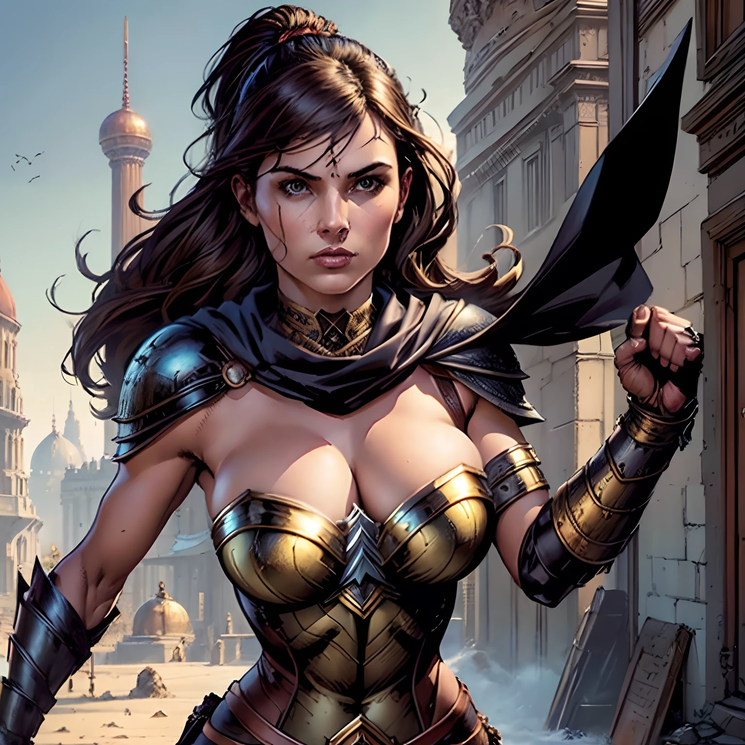(masterpiece, top quality, best quality, official art, beautiful and aesthetic:1.2), (1girl:1.3), dark brown hair in a huge ponytail, extremely detailed, portrait, looking at viewer, solo, (full body:0.6), detailed background, close up, (hot summer coliseum theme:1.1), human gladiatrix, charlatan, mysterious, walking in forest, revealing bronze gladiator armor, spear and shield, metal bikini, topless, tits out, brown leather, cowl, cloak, bracers, armor, gauntlets, helmet, facemask, long boots, buckles, straps, light grey fabric, brown leather, gigantic breasts, cleavage, skindentation, slim waist, slim hips, long legs, medieval (coliseum arena exterior:1.1) background, dark mysterious lighting, shadows, magical atmosphere, dutch angle, (((Balsamique)))