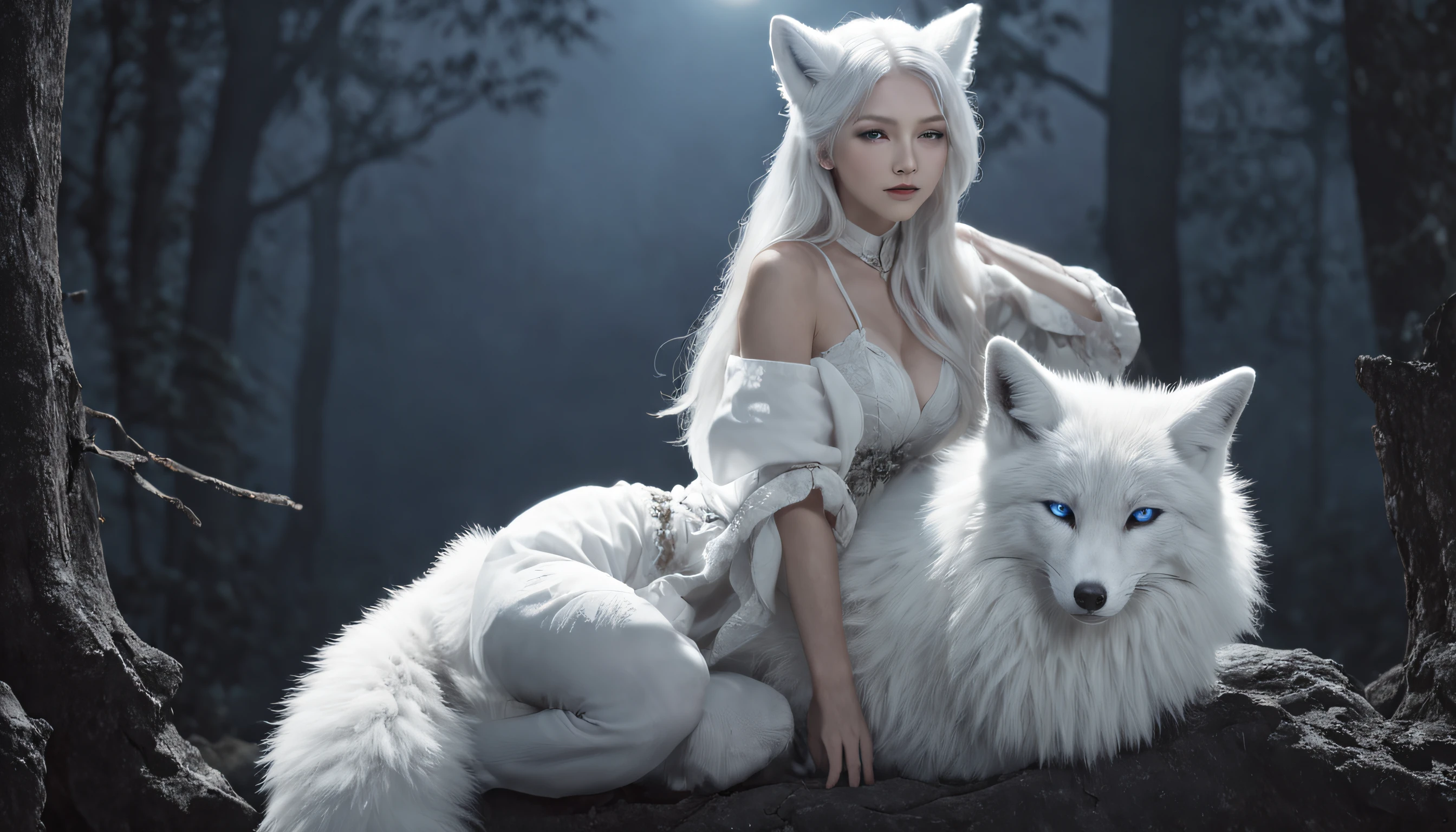 (Next to the anime girl with white fur fox ears before the full moon is a huge white nine-tailed fox:1.5), fantasy fox love, White-haired fox, white fox anime, Anime fantasy illustration,(dark forest background，Blue transparent smoke surrounds:1.8), art of silverfox,Best quality, Masterpiece, 超高分辨率, (photograph realistic:1.4), ultra-realistic realism, Dream-like,fusionart, Shadowdancer, shadow magic, Darkness, stealth, shadowstep, umbral spells,