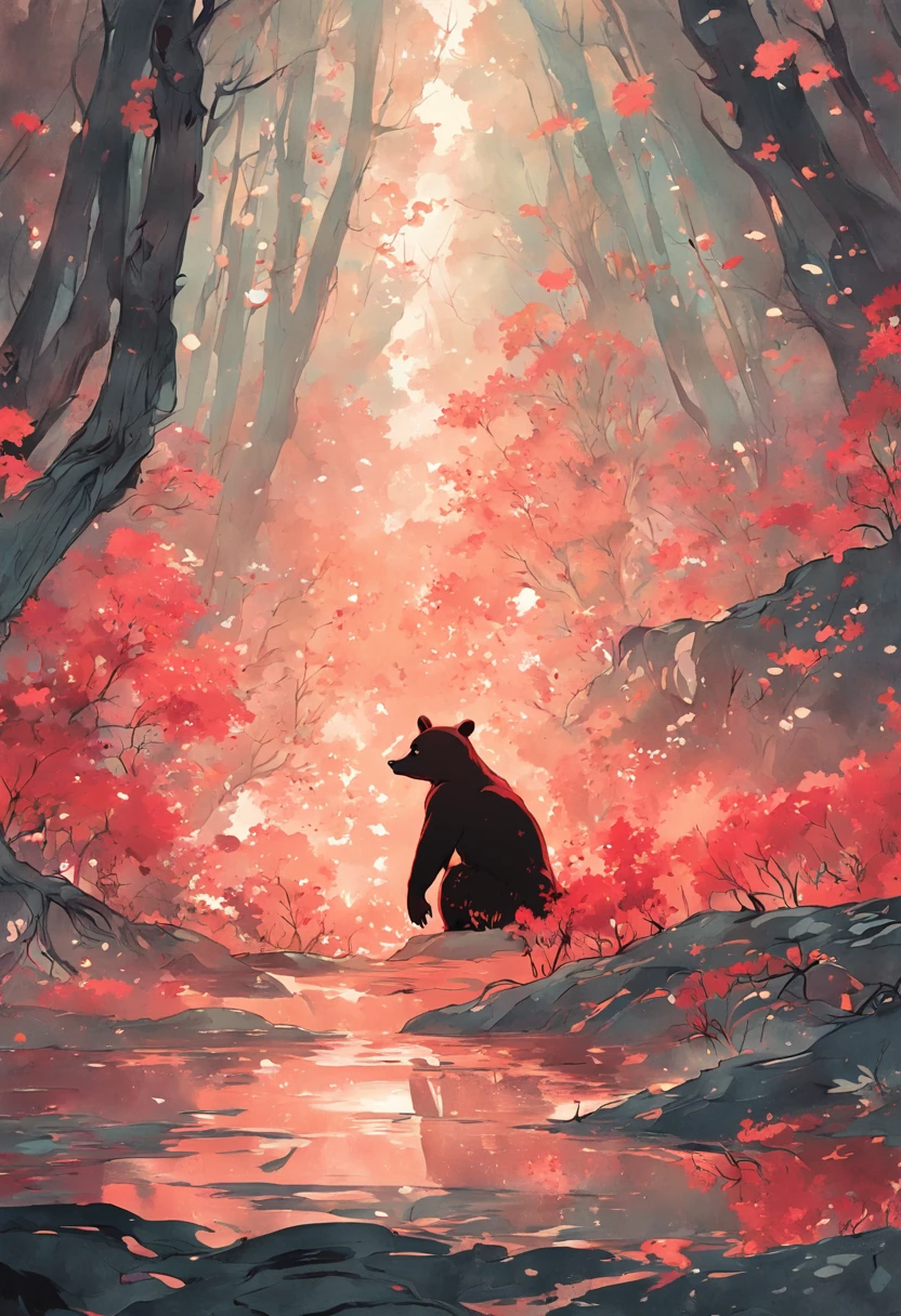 a picture of a black bear from a cg game, in the style of mid-century illustration, symbolic figurative landscapes, light red and silver, vintage poster design, organic art nouveau, saturated pigment pools, woodcut