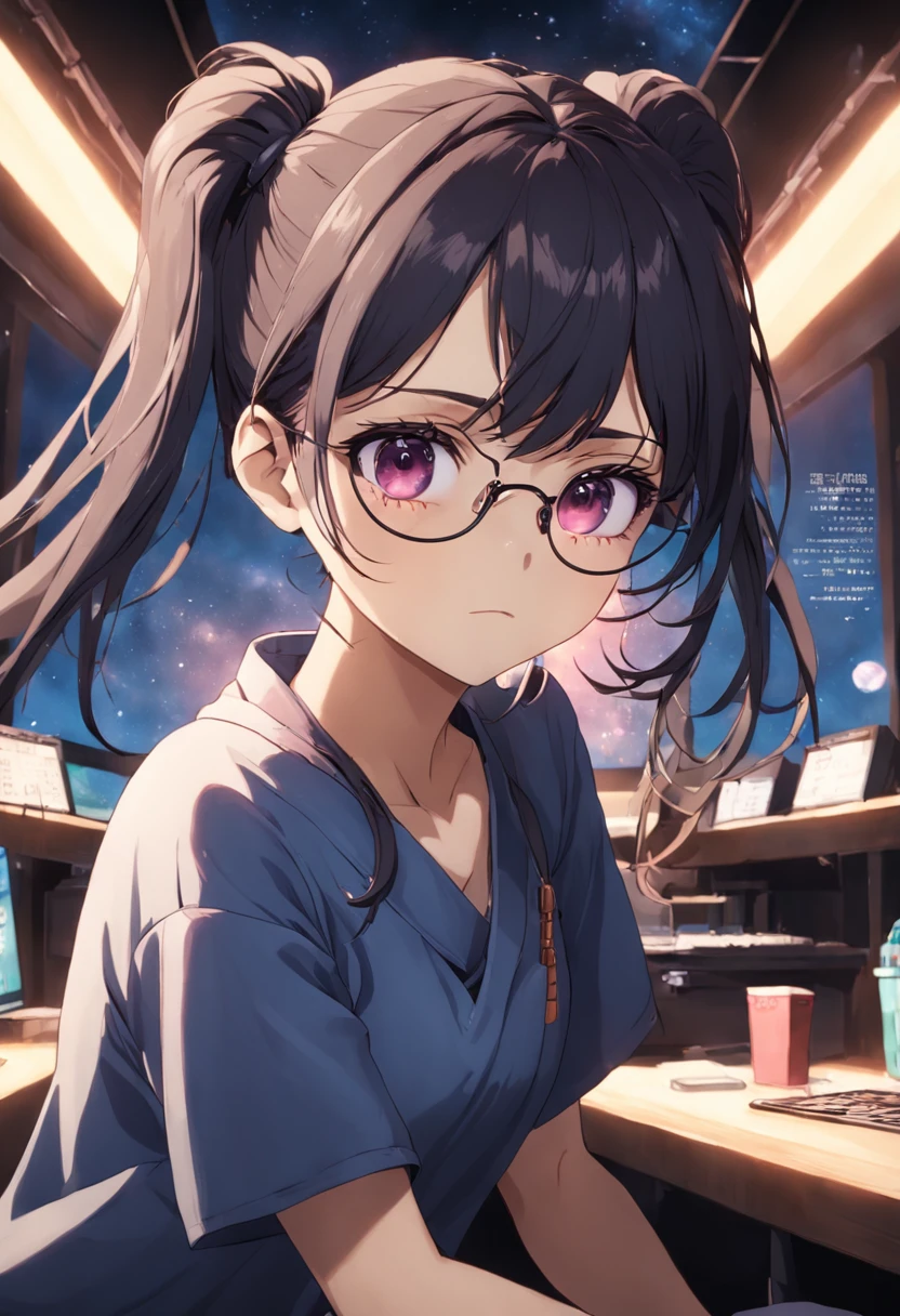 Working in the room、eye glasses、tshirts、rcasual、Small eyes、Face Up、icons、A dark-haired、Suppin、Medium hair、Bun