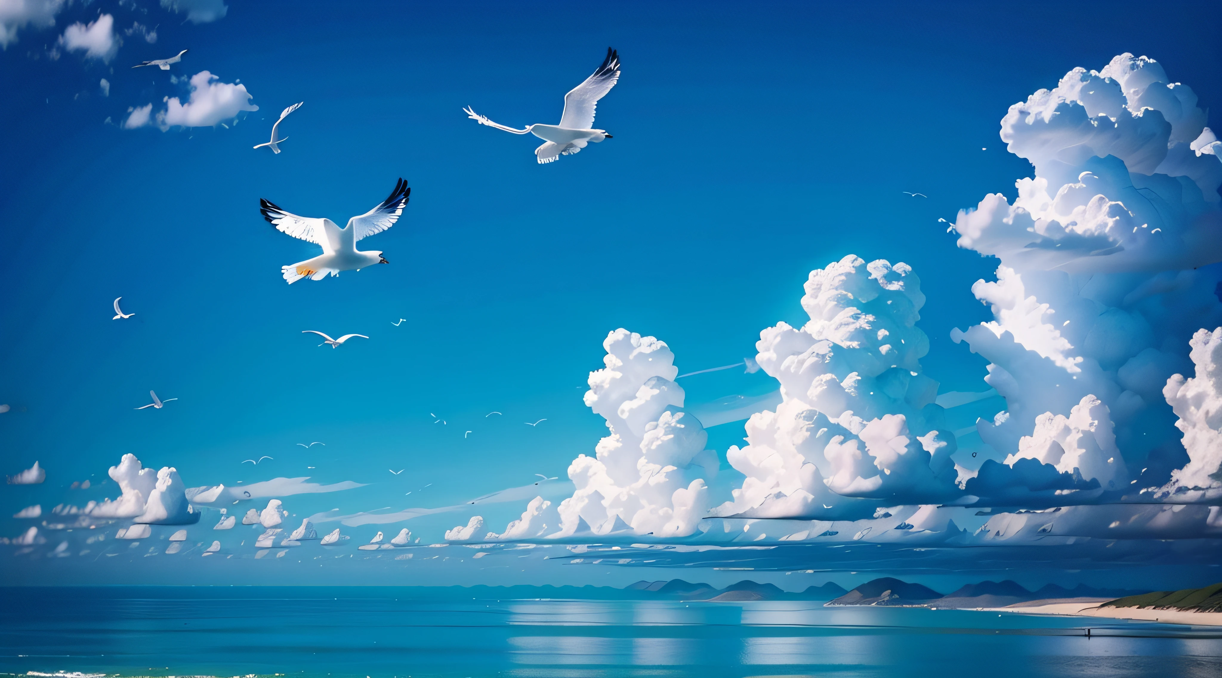 There are a lot of seagulls soaring in the sky，There are a lot of clouds in the sky，Below is a large ocean below。