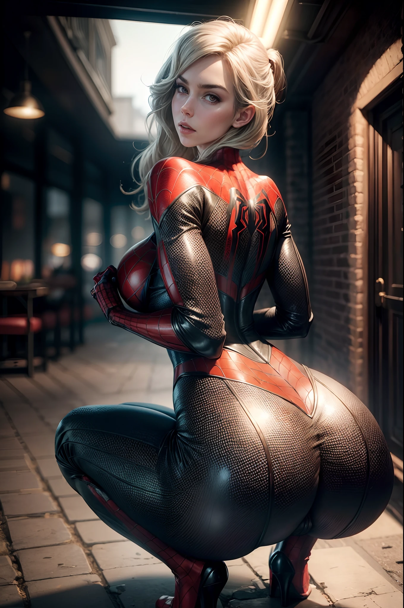 (((HUGE ASS))) Vanessa Kirby in spiderman suit, skinny, slim thick, small waist, ((squatting)), 8k