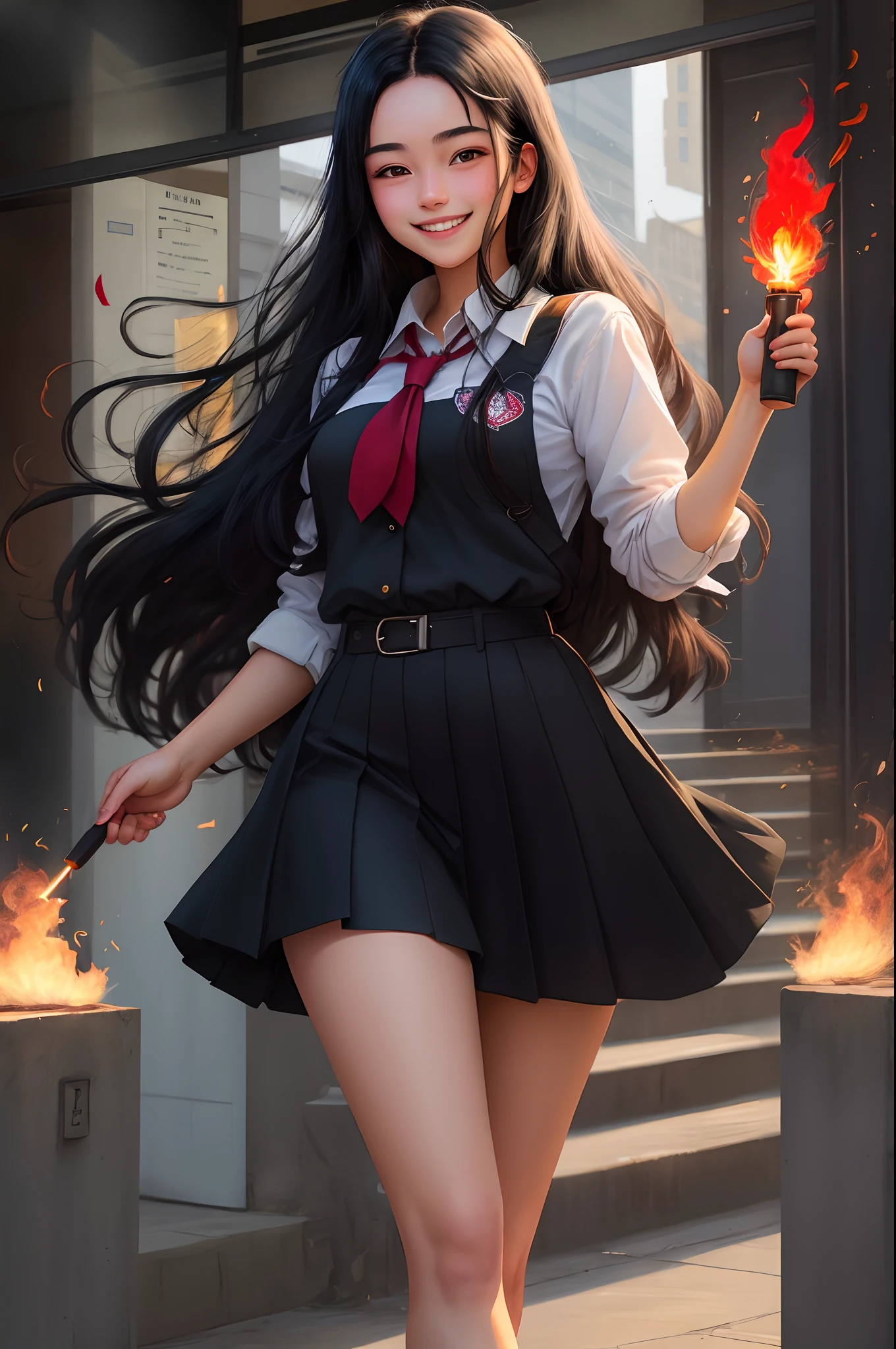 18 year old girl, long black hair, red eyes, schoolgirl outfit, holding a flame in her hand, smiling
