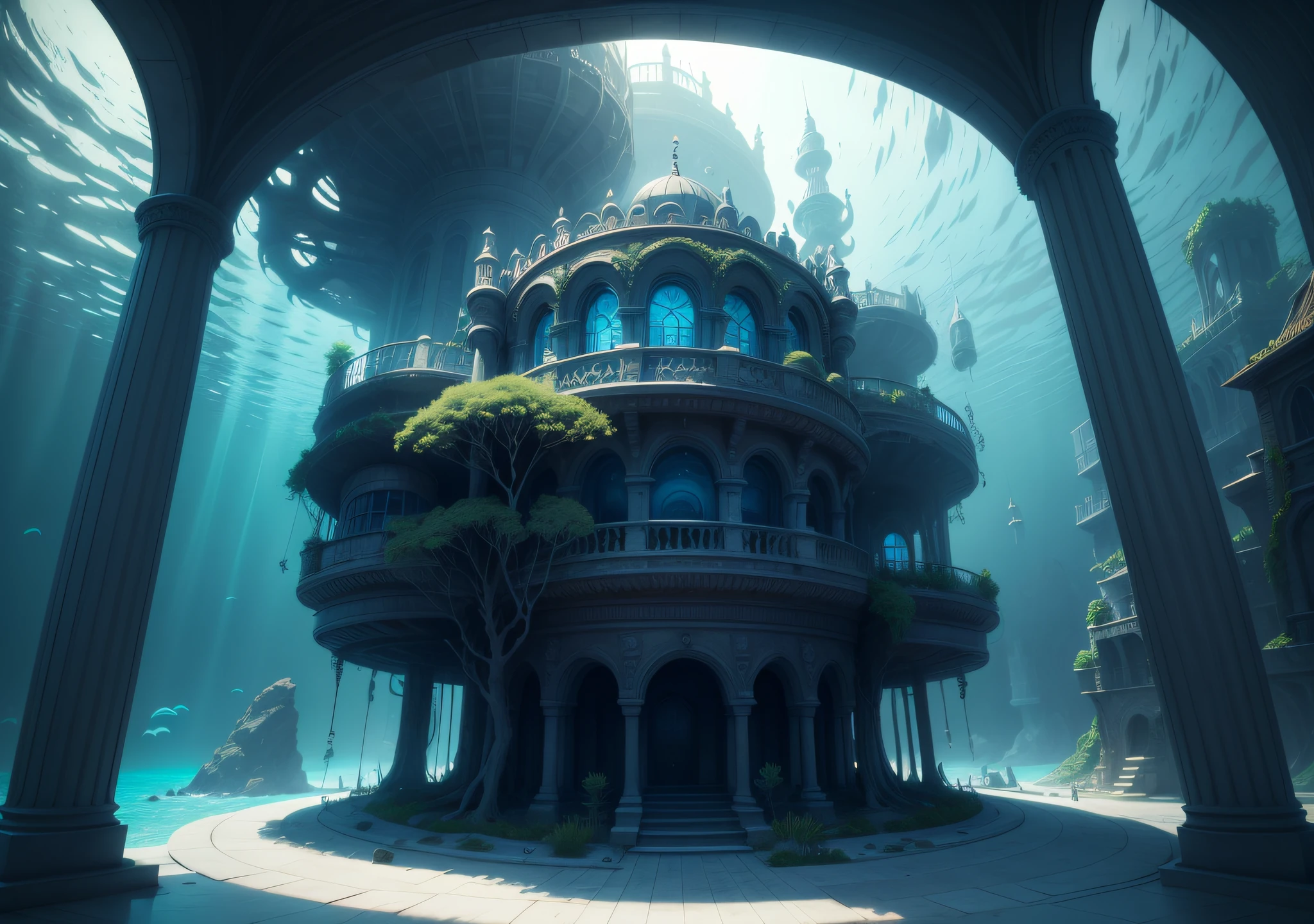 Undersea Palace, Fluorescent colorful plants, White coral, blueglow, Distant view,fantasy,intricately details,8K,Ultra HD,--no people,The entire structure of the building is clearly displayed
