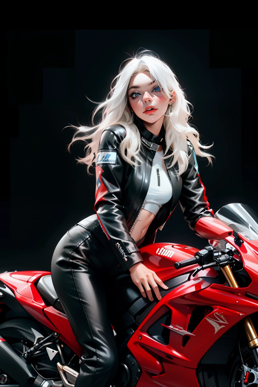 Motorcycle girl, white hair, blue beautiful eyes, wearing a red and black racing suit, motorcycle, black background, characters occupy 1/2 of the picture space