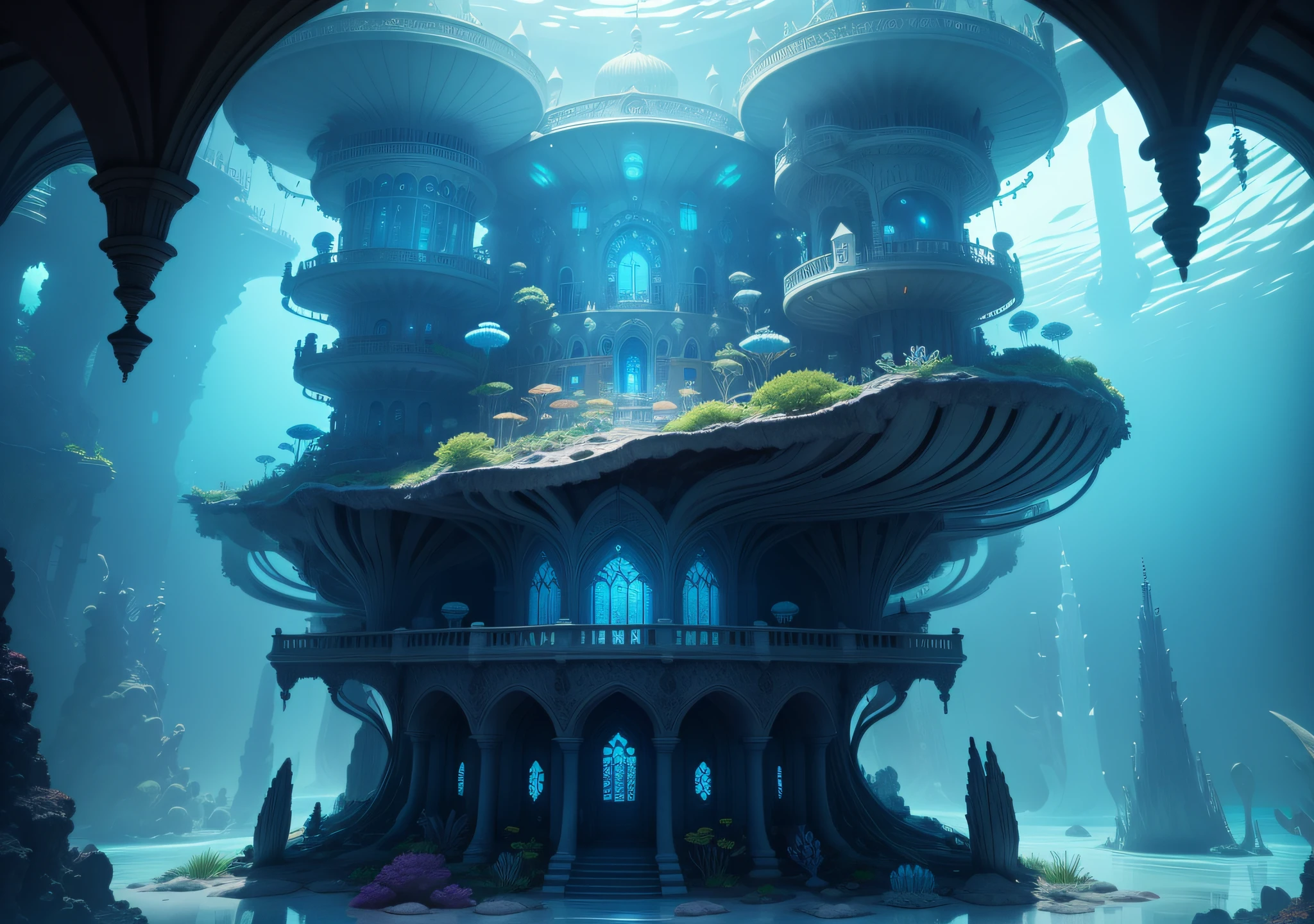 Undersea Palace, Fluorescent colorful plants, White coral, blueglow, Distant view,fantasy,intricately details,8K,Ultra HD,--no people,The entire structure of the building is clearly displayed