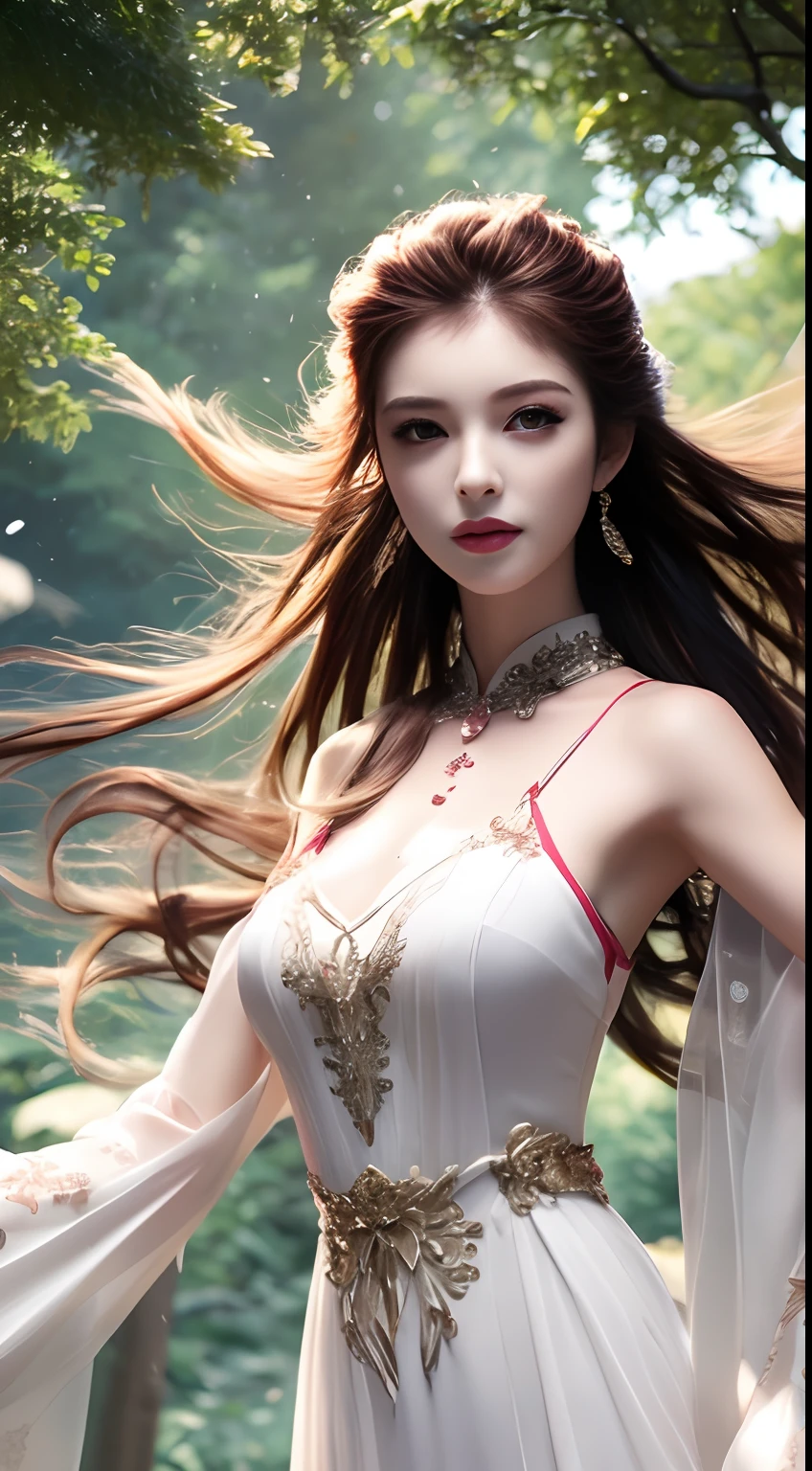 8k ultra hd, mastermiece, a girl, good face, detailed, eyes, beautiful lips, very hong hair, spreading hair, medium breasts, wedding dress, green dress, in the park, flying birds, blowing winds, clear weather, sitting, whole body capture,