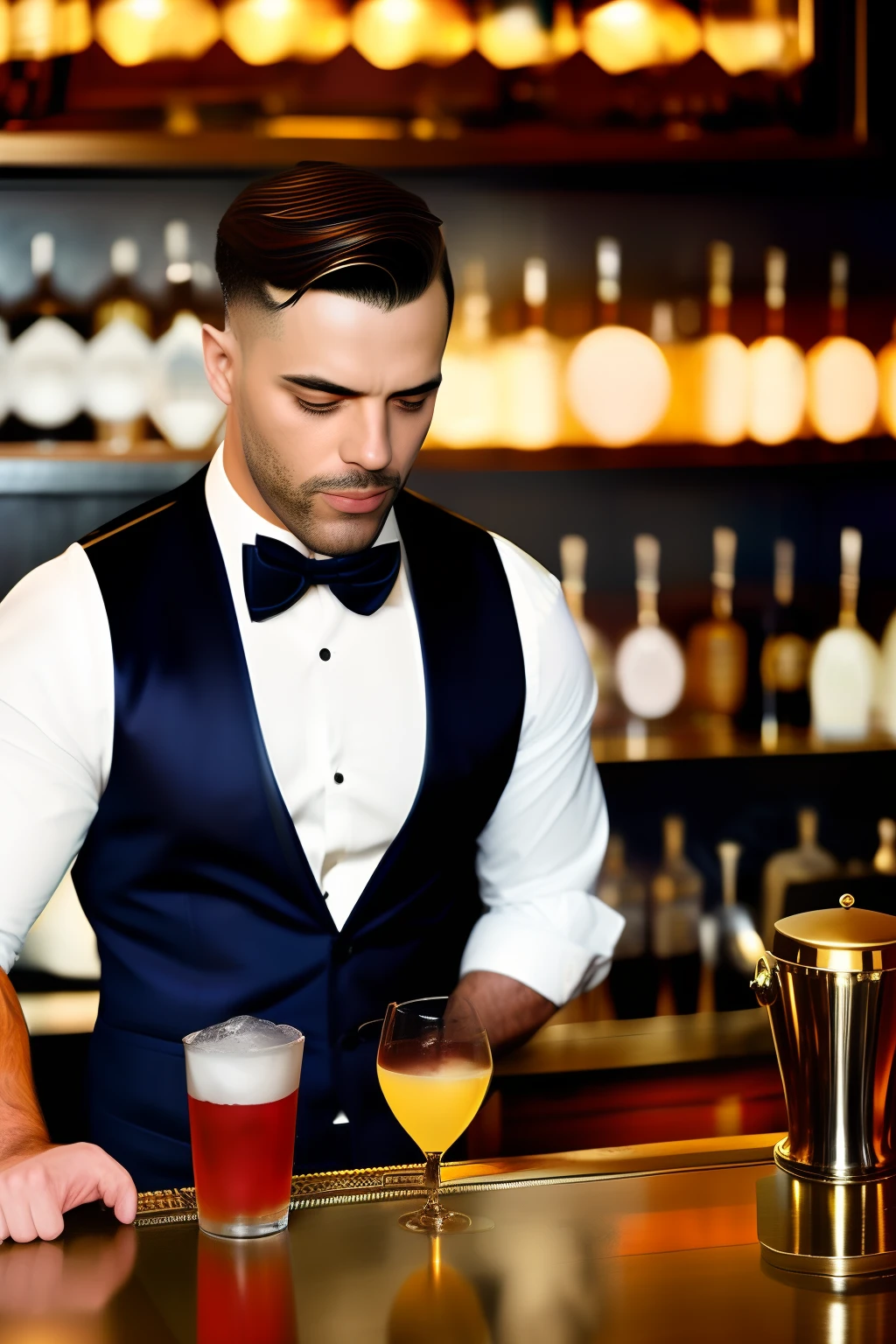 high quality handsome light skin mixed race man with short hair, having a cocktail in a fancy bar