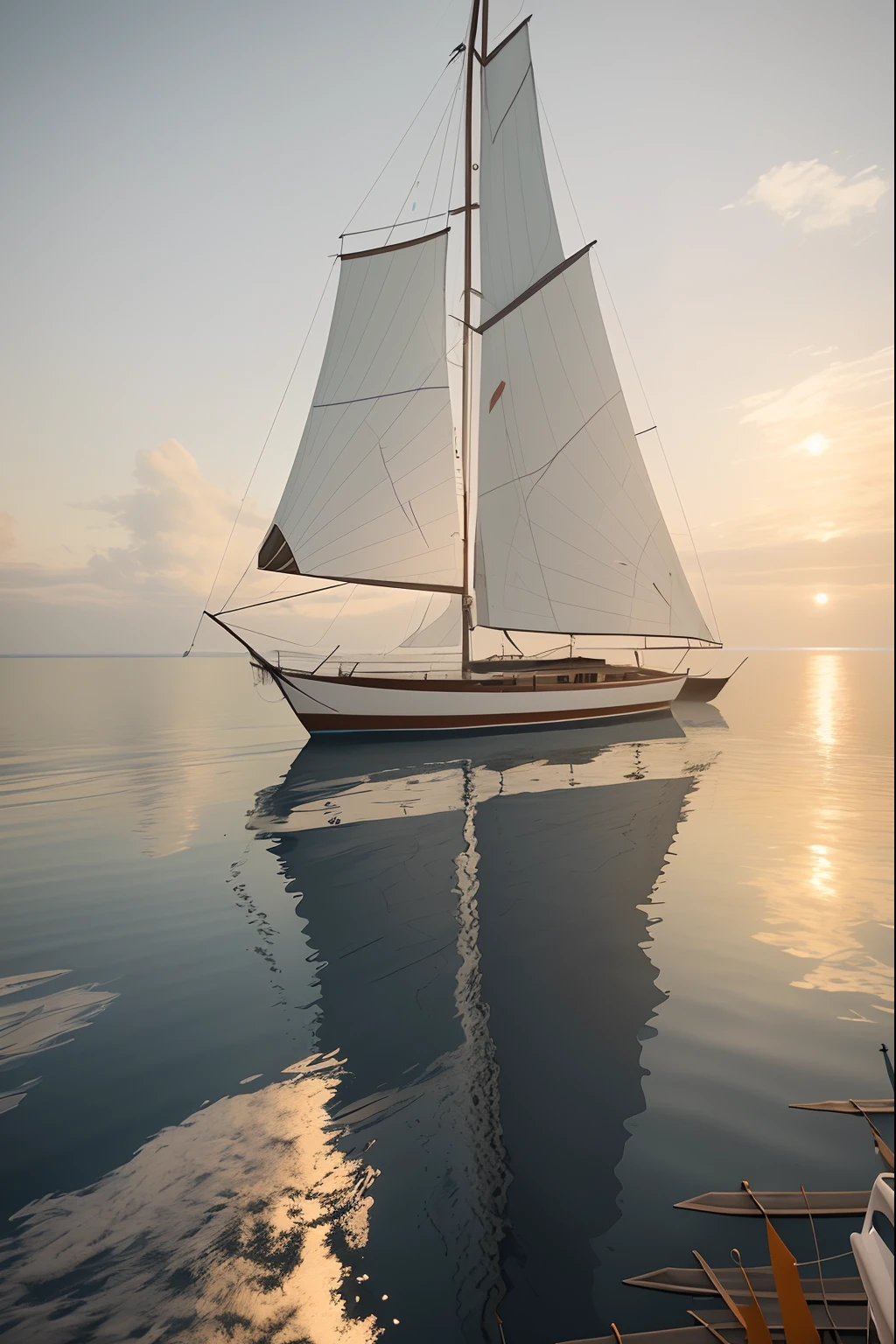 There is a sailboat sailing on the water, rendered in corona, treading on calm water, rendered in povray, author:Vincent Lefebvre, Sail ships, sails、Masts and rigging, Sail, he's on an old sailing boat, Sail ships, Rendered in V-Ray, semi - realistic render, author:Monet