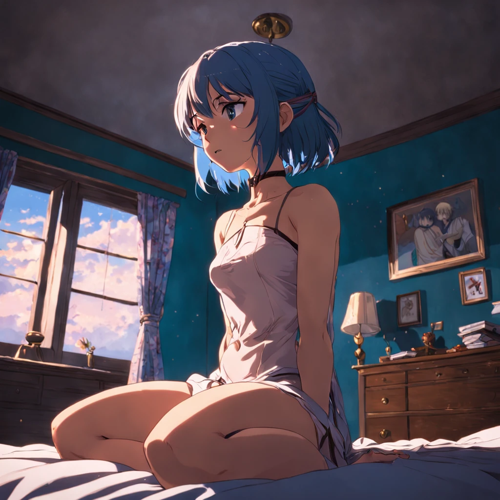 Generate a set of different actions for the same character（Four grids），A beautiful girl，Wearing a light blue cheongsam of the Republic of China（Student Clothing），she is sitting，She's standing，She jumped up，She raised her hands。,(NSFW: 1.5), (normal thighs, slim, sexy), beauty pink pussy