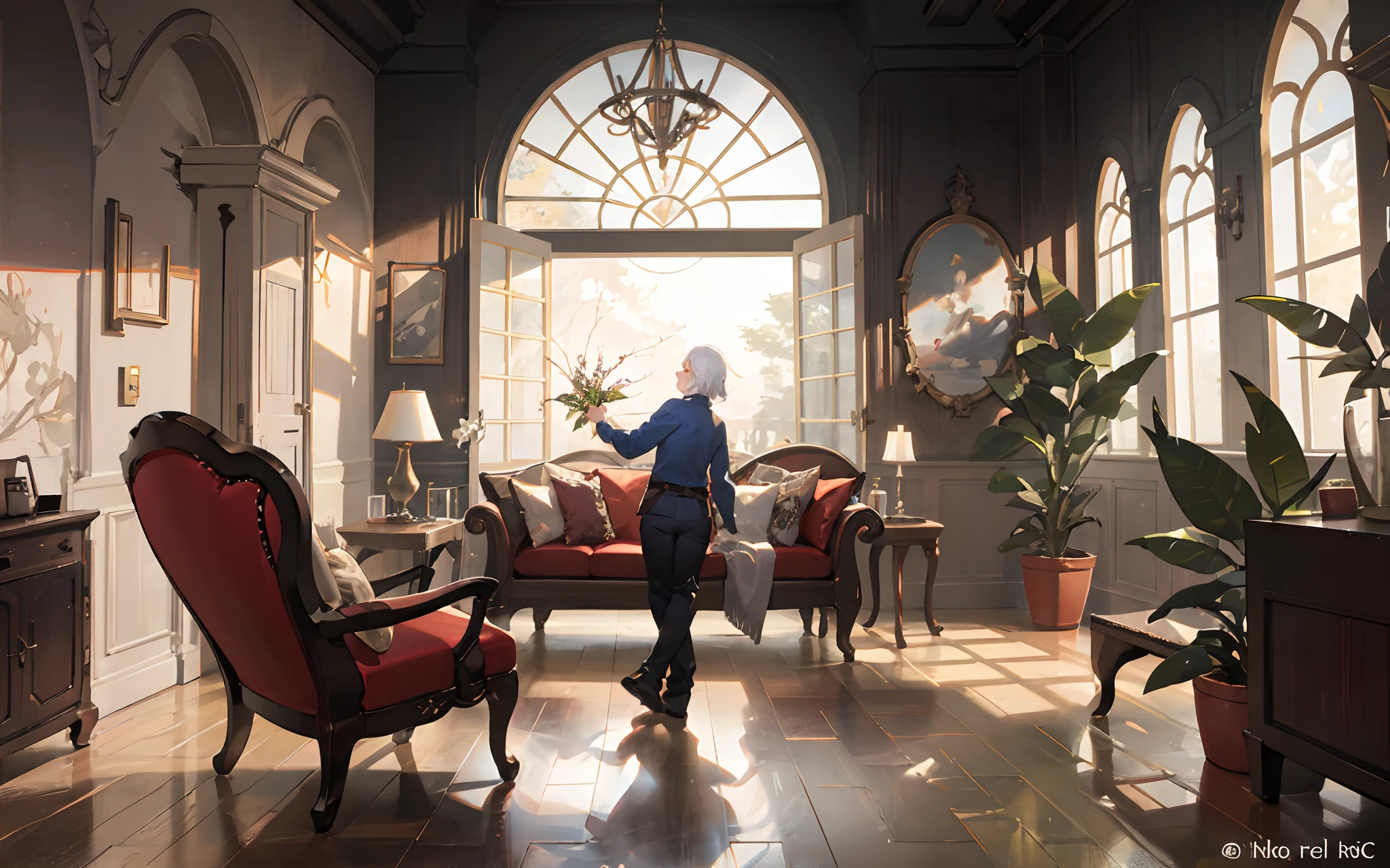 create an image of an elderly person doing physiotherapy, in a happy room a sofa, armchair, table with a vase on top, windows open and the sun's rays coming in, glass doors