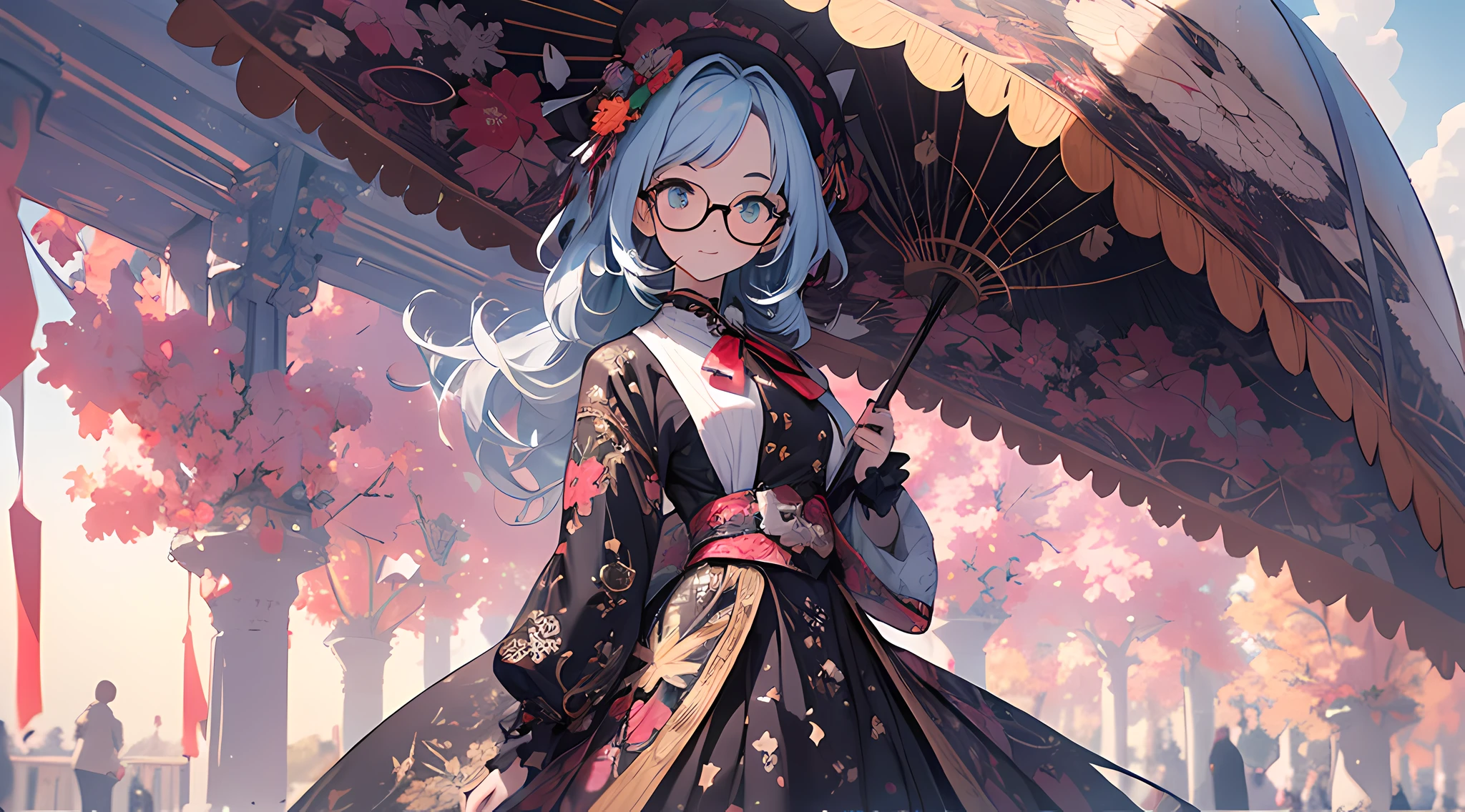((parasol)),(Meiji)eye glass,innocent smiles,ancient city,veranda,(1girl in, Solo:1.6),(Best Impact:1.5), (maximalism:1.7),Vivid contrast, (Realistic), hyperrealistic illustrations, hight resolution, ultra-detailliert, absurderes,(Fractal Art:1.3)、Random hairstyle、Random hair color colorful、Iridescent eyes、FULL BODYSHOT、Retro、Precise focus、randome pose、cinema4d、Drama