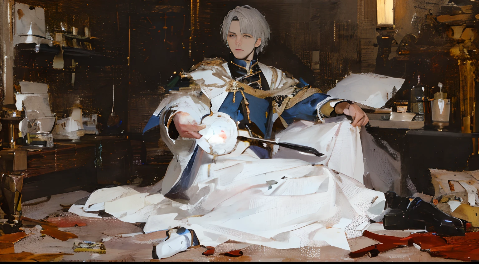 ((Masterpiece,Best quality,Detailed，cavalier，Adult men，Sateen，The sword)) 8K, Sateen，overcast day，cinematic ligh，Solo，downy