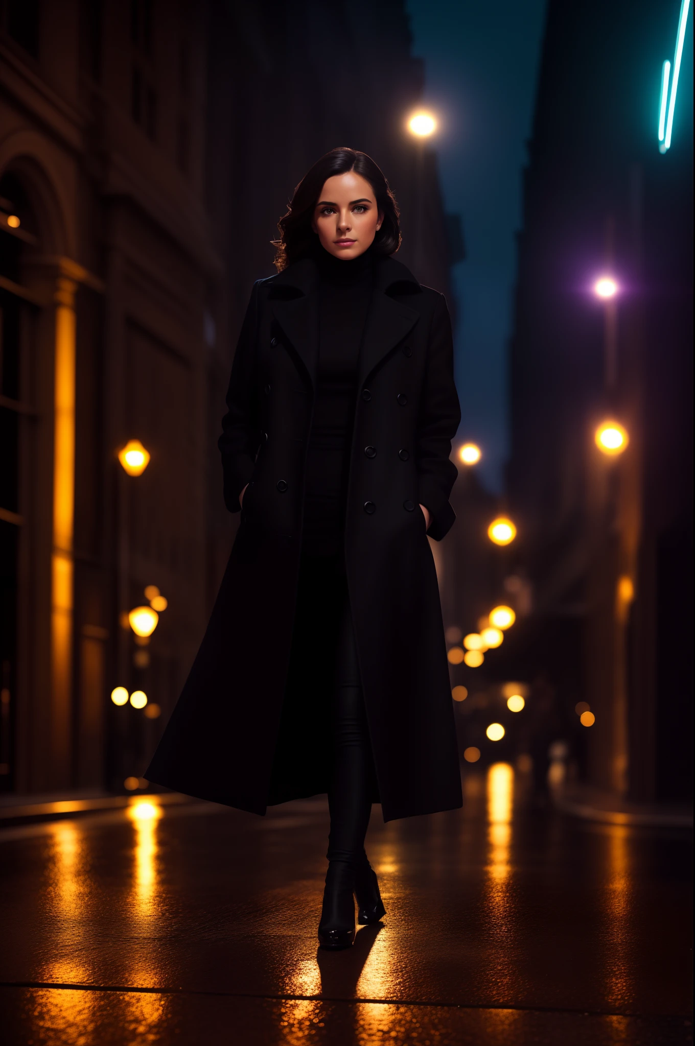 Woman in Black Overcoat, cinematic realism, elegant demeanor, bold confidence, front view, shower of sparkling sparks, urban nightscape backdrop, illuminated by a symphony of neon lights, enchanting contrast, rain-soaked cobblestone streets, glistening pavement reflections, radiant glow from each spark, symmetrical composition, capturing every intricate detail, ultra-HD definition, 35mm prime lens, Canon EOS Mark IV, vibrant color grading, slight vignette, fine-tuned contrast, enhancing the ethereal ambiance.