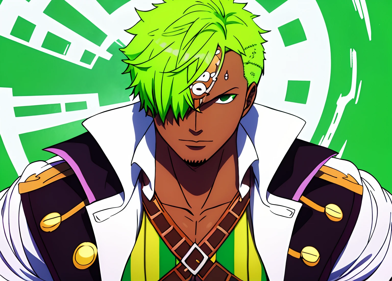 (epic wallpaper of dark skin pirate:1.1), (Pirate outfit:1.1), (fade white and green haircut:1.2), (white and green eyes:1.3), hdr, colorful, good composition, solo, (outline:1.1), (big pirate jacket1.2), epic background, (insane detail), wanostyle, buzz cut, (((symmetrical perfect face:1.1))), bandana covering one eyes,