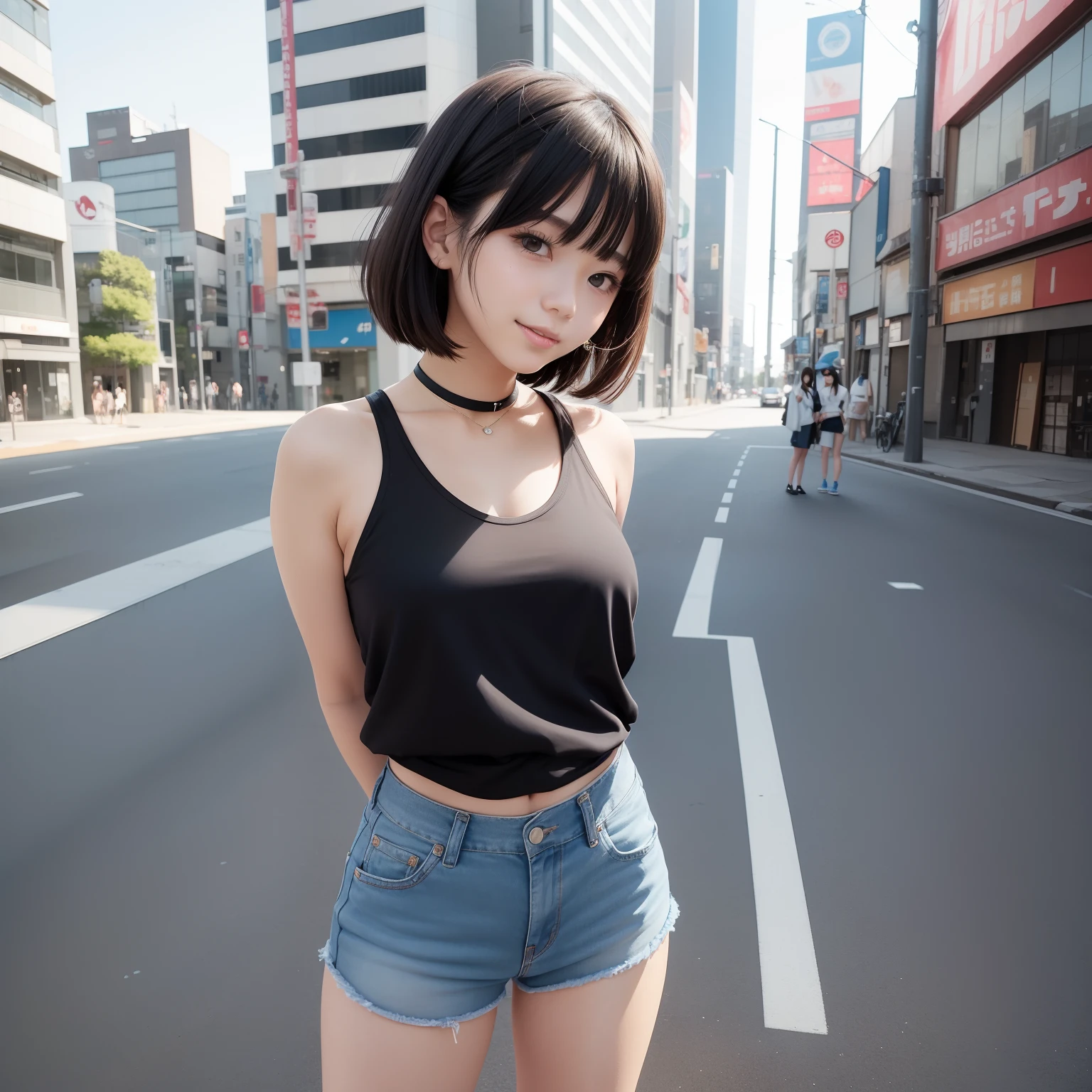 ((Japan Beauty))18year old、childish、short-cut、(Full body shot 1.5)、A dark-haired、Wearing a black rider jacket、8K、Super beautiful、masterpiece、a beauty girl、cups(((Big Eyes 1.6))).Beautiful eyes、long lashes、thin lipss、(smile1.3)、white tank tops、Inner Top White、bending forward、Arms crossed in front of the body、Enlarge Batten's Pose、Underpants、shortpants、Denim Fabric Shorts、Short boots、Wear black short boots、Background in the city、Intersection in the background、Background Building、real looking skin、Beautiful skins、A mischievous smile、Black helmet、Super beauty、childish、Brown eyes、japanes、Facing the camera、Pose with your arms crossed in front of your body、Seeing the inside、White inner top visible、Prerelease of leather jeans、Chewing tobacco、Putting a cigarette in your mouth、