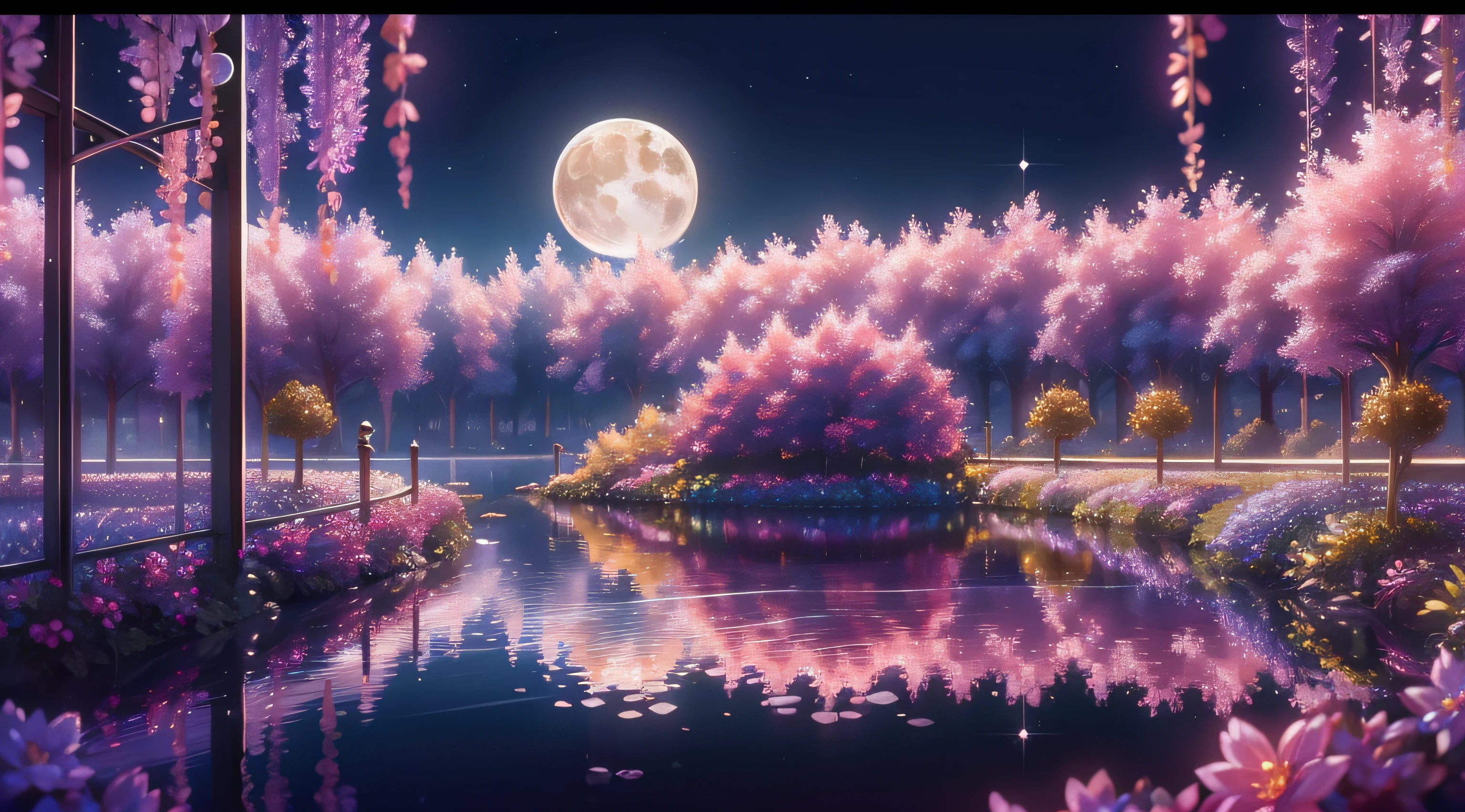 Crystal wisteria,Background with, natta, a moon, On both sides of the pond、Crystal Wisteria Trellis, Ray traching, reflective light, polarity, 8K, ​masterpiece, top-quality, The ultra-detailliert, hight resolution, AJC Fantasy, intergalactic, cleanness, glinting, Shines, magnifica, colourfull, magical photography, Dramatic Lighting, photorealisim,