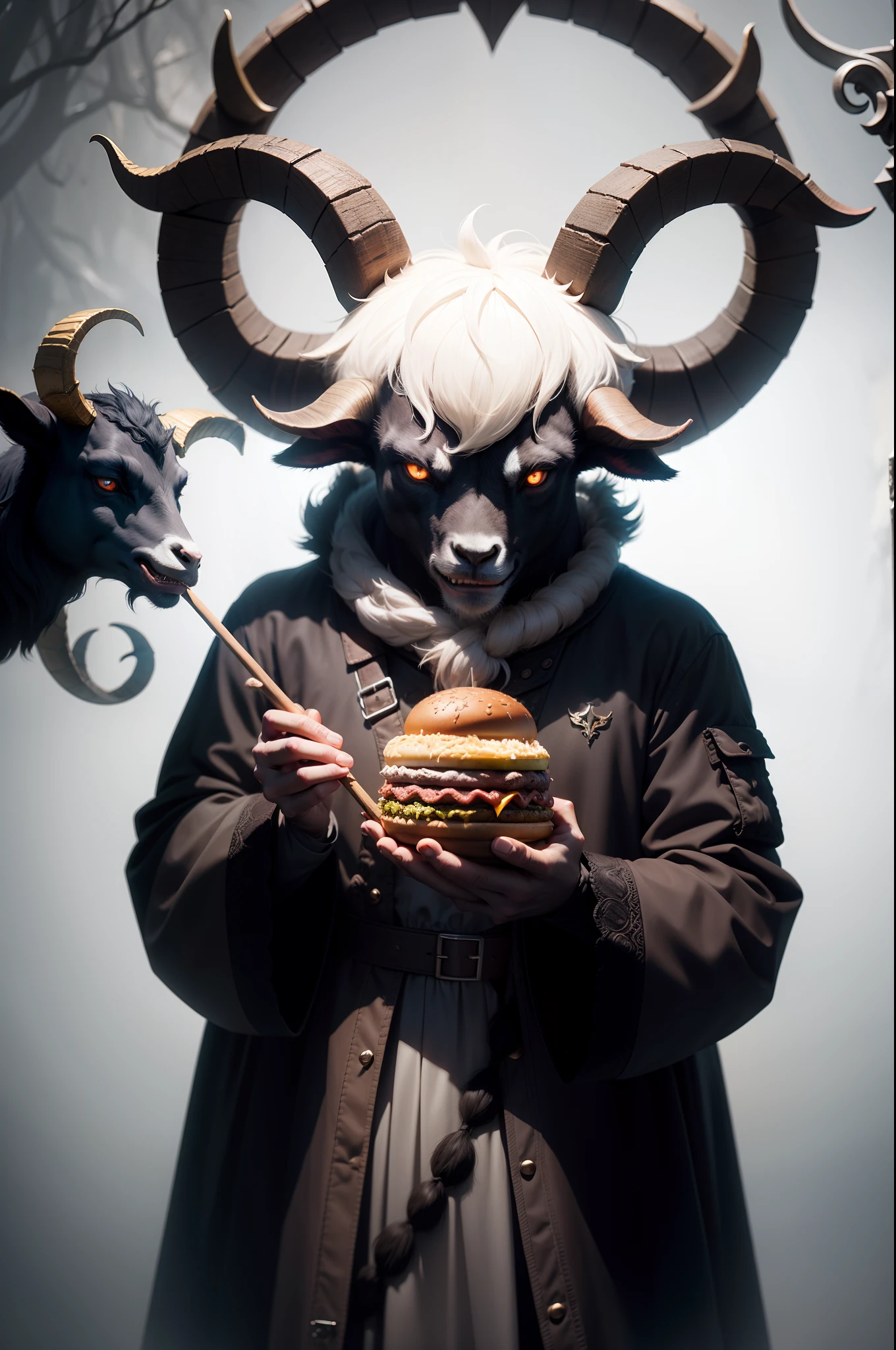 An evil creature, with goat face，The goat demon holds the staff，borgar，Dark style，