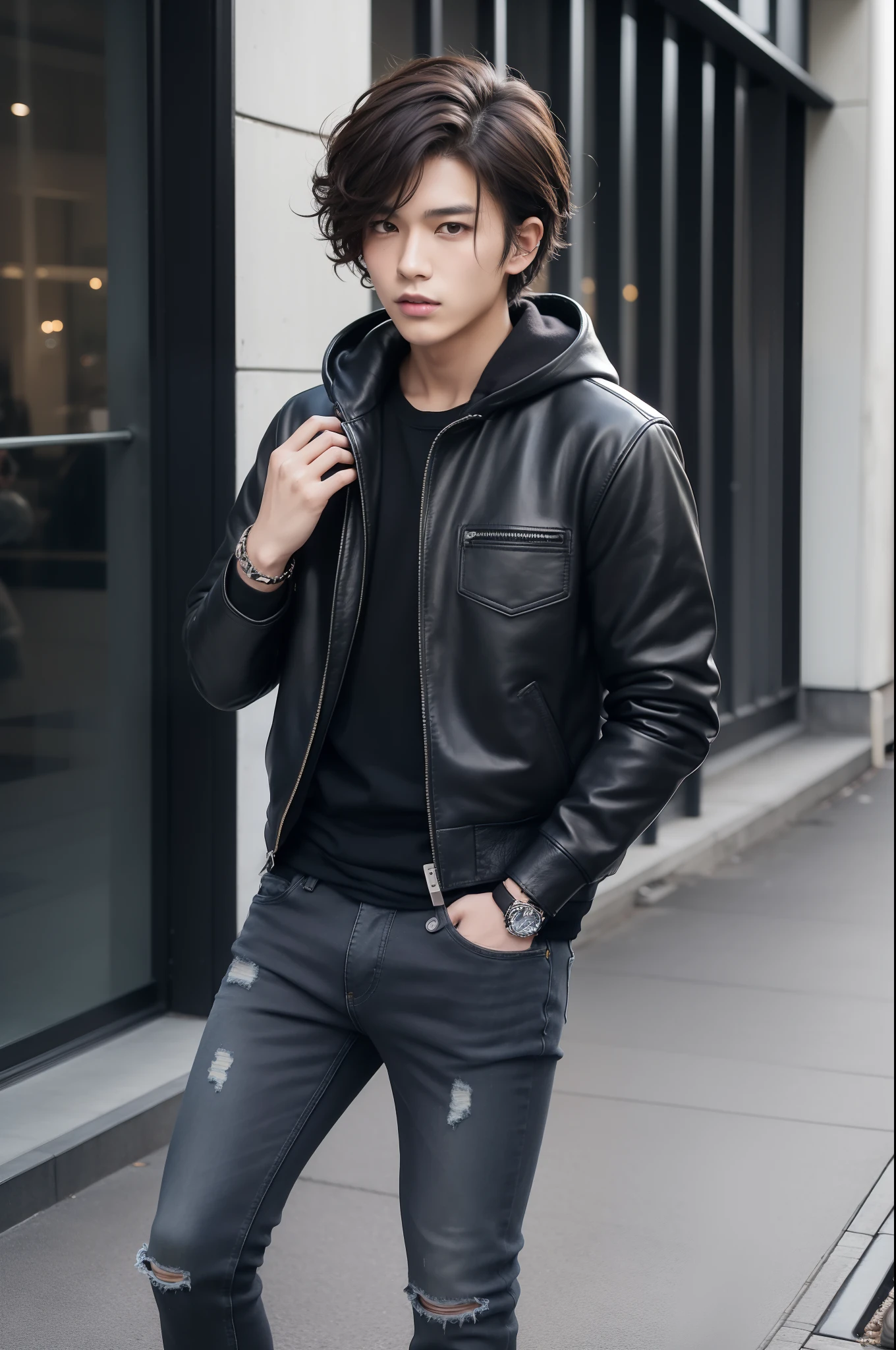 Casual style portrait of 20 year old Japan male idol、For autumn-winter。Zara black leather jacket、Gray hoodies、Dark jeans、Dr. Martens Black Boots、Wearing a leather bracelet。The look is cool and fashionable。Hairstyles are short、Curly hair with a textured look、Light brown hair color。With a medium hold、Reflects his energetic and stylish personality。