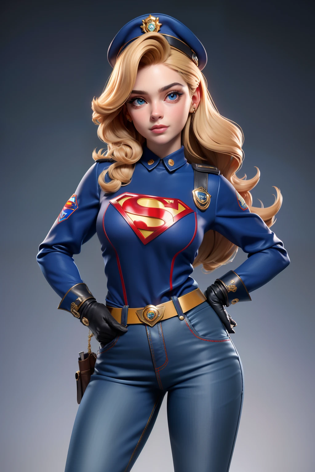 Estilo 3DMM,(Masterpiece, Qualidade Superior, melhor qualidade, cabelos loiro longos, Realistic, 1Menina, 20 anos, garota, melhor qualidade, detalhes intrincados, Olhando para o Viewer, ultra realista 8k CG, imagem rosto perfeito, Impeccable, limpo, Masterpiece, arte profissional, obras de arte famosas, film lighting, filme Bloom, rosto perfeito, beautiful face, Olhos azuis bonitos, blue police uniform Short-sleeved Supergirl, design ajustado, com letra S do superman
no peito, gold trim, brass buttons, peito duplo, gola alta , faixa preta e dourada, luvas de couro pretas, police badge, utility belt with pockets, algema, ammo, blue pants, botas de couro pretas, detalhes dourados,