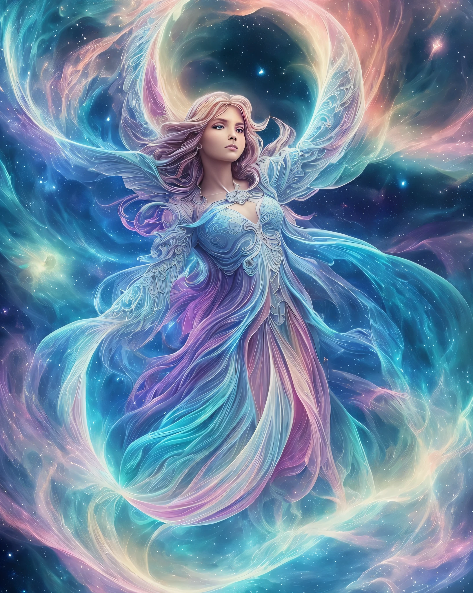 Scene of the appearance of an angel from an unimaginably spectacular glowing cloud、Fractal Nebula Thread、cosmic entity、Um ser celestial、kosmos、Vibrant and vivid、whirlpool、Revolutions、unreal、highly contrast、symbiosis、magia、mystical、mystical、surrealistic、Hypersaturated、colourfull