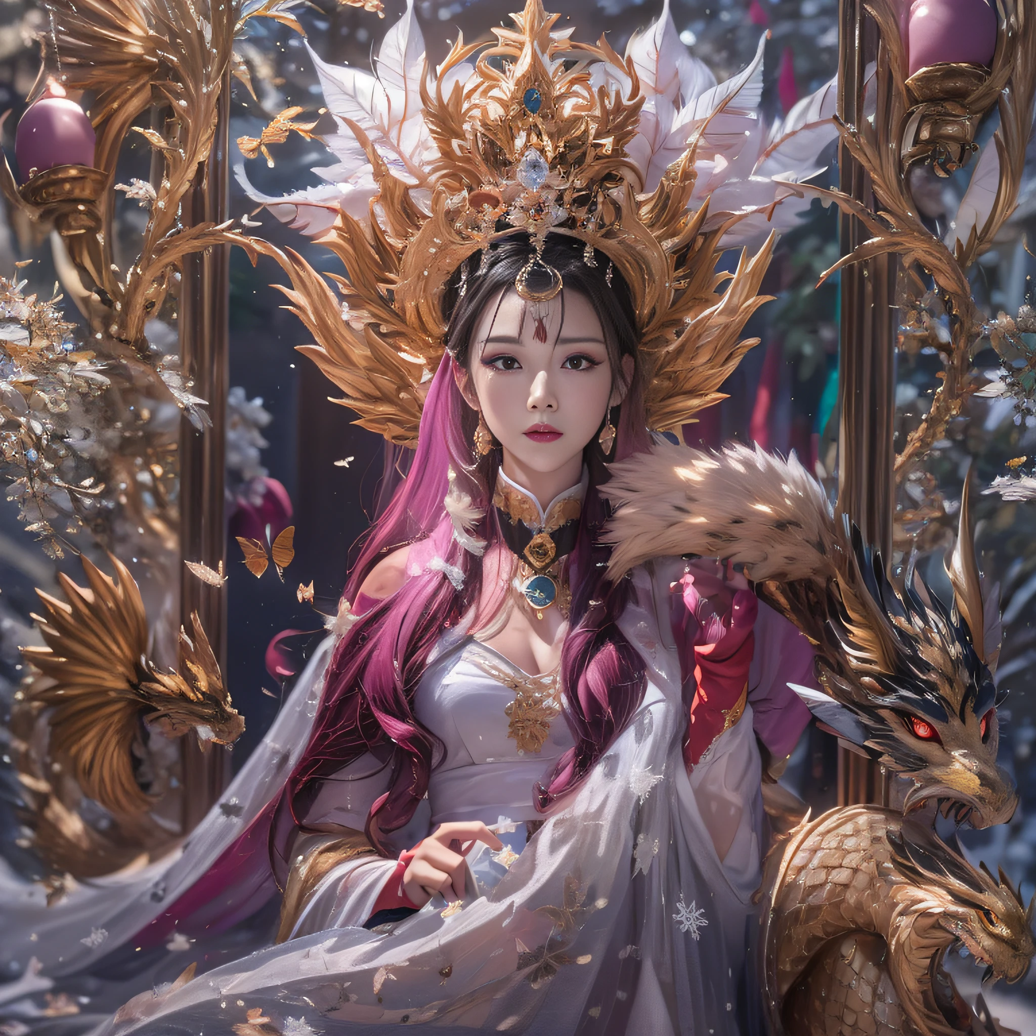 32K(tmasterpiece,k hd,hyper HD,32K)Purple-pink flowing hair,Gold jewelry area in the back room,King Girl ,Rusty Copper Dragon Protector (realisticlying:1.4),Python pattern robe,Purple-pink tiara,Snowflakes fluttering,The background is pure,Hold your head high,Be proud,The nostrils look at people, A high resolution, the detail, RAW photogr, Sharp Re, Nikon D850 Film Stock Photo by Jefferies Lee 4 Kodak Portra 400 Camera F1.6 shots, Rich colors, ultra-realistic vivid textures, Dramatic lighting, Unreal Engine Art Station Trend, cinestir 800,Hold your head high,Be proud,The nostrils look at people,Tsundere,Snowflakes fluttering,Snowflakes fluttering,Snowflakes fluttering,Snowflakes fluttering,Impeccable,( reasonable design, Clear lines, High sharpness,Best quality, Very detailed, Masterpiece, offcial art, movie light effect, 4K )