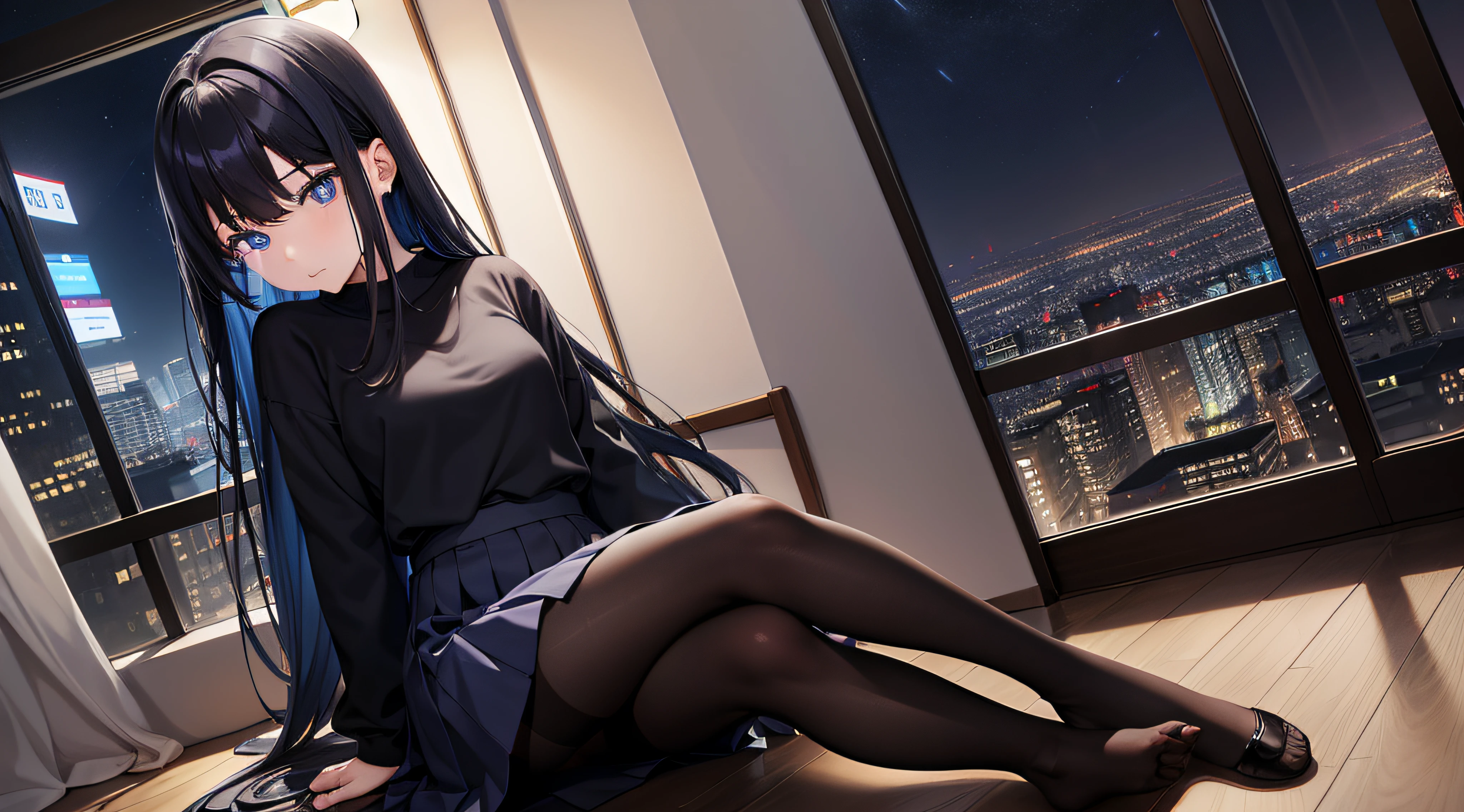 tmasterpiece、Need、Highest high resolution、Japanese high school student、Japanese high school girl、Dark blue top、a black pleated skirt、The slender legs are wearing dark black pantyhose、No shoes、ccurateblack hair、Long straight hair, blue colors+Black colored eyes、Sit by the large floor-to-ceiling windows、Outside the window is a sight that can only be seen from the upper floors:Illuminated streets、Brilliant neon lights、Dark night sky and starry sky。