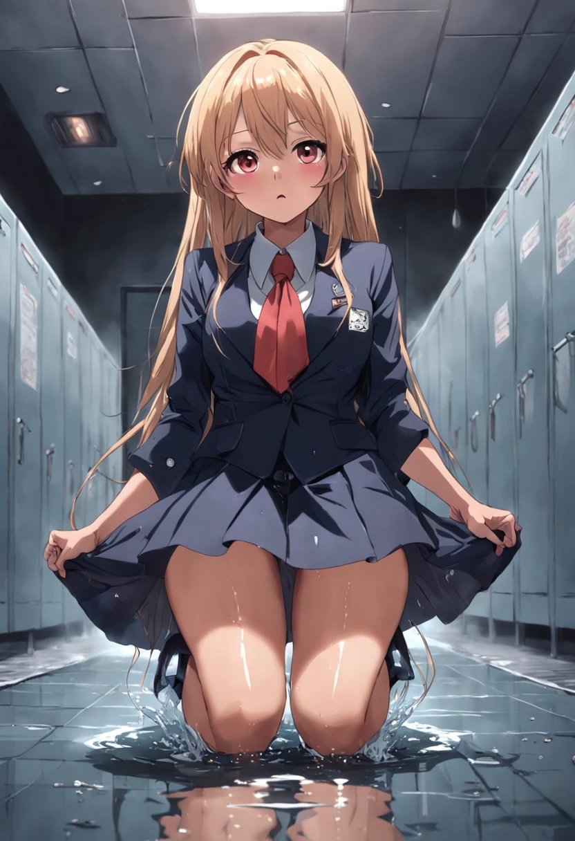 gyaru, office lady, 30 years old, dark skin, urination, wet legs, humiliated, wet floor, tears, blush, soaked stockings