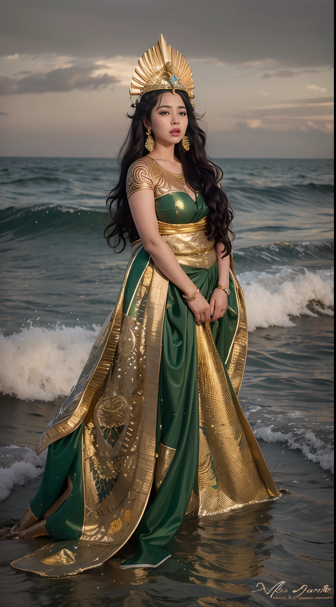 portrait of araffe woman full body busty super plump long black hair standing over the sea wearing a green shawl on her shoulders, with a golden crown on her head, original shot of the queen of the seas, inspired by I Ketut Soki, Javanese mythology, traditional beauty, by I Ketut Soki, queen sea mu yanling, with exotic beauty, wearing an intricate green and gold tank top, water magic, sea waves surround, photoshoot, traditional dress, inspired by Sasha Putrya