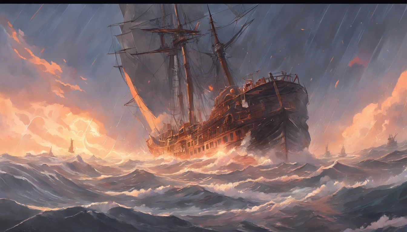 Um navio pirata em uma tempestade tempestuosa com nuvens escuras, Grandes ondas inundaram a estrada, Detailed oil painting, A chama queima, Unreal rendering 5, RHADS, Sargent e Ryan Decker, Savlasov Levitan Polenov, Por Bruce Pennington, por Ghibli studio, Tim Hildebrandt, arte digital, pintura de paisagem, rendering by octane, beautiful composition, trending on artstationh, uma fotografia premiada, master part, Busque estilo, (dreamlike art:1.2). Estilo MDJRNY-V4