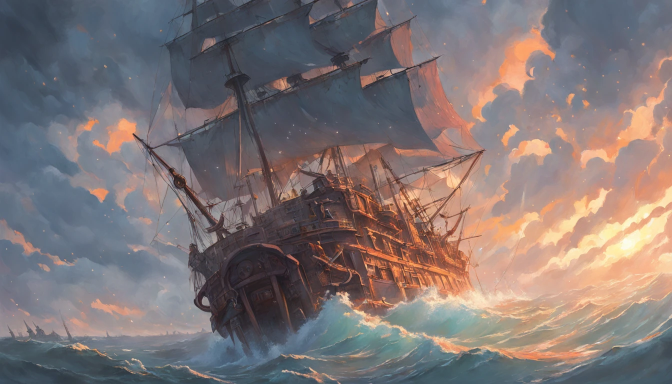 Um navio pirata em uma tempestade tempestuosa com nuvens escuras, Grandes ondas inundaram a estrada, Detailed oil painting, A chama queima, Unreal rendering 5, RHADS, Sargent e Ryan Decker, Savlasov Levitan Polenov, Por Bruce Pennington, por Ghibli studio, Tim Hildebrandt, arte digital, pintura de paisagem, rendering by octane, beautiful composition, trending on artstationh, uma fotografia premiada, master part, Busque estilo, (dreamlike art:1.2). Estilo MDJRNY-V4