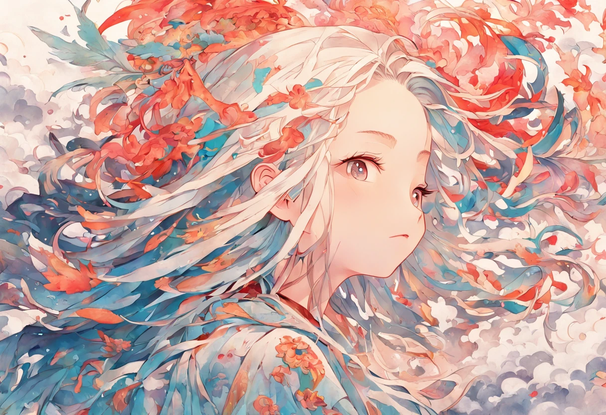 (White background:1.4),(Silhouette of a girl's head, Eyes closed, colorfull long hair, Oriental elements),(Chinese illustration:1.3,paper art:1.3, Quilted paper art:1.2),( reasonable design, Clear lines, High sharpness,Best quality, Very detailed, Masterpiece, movie light effect, 4K )