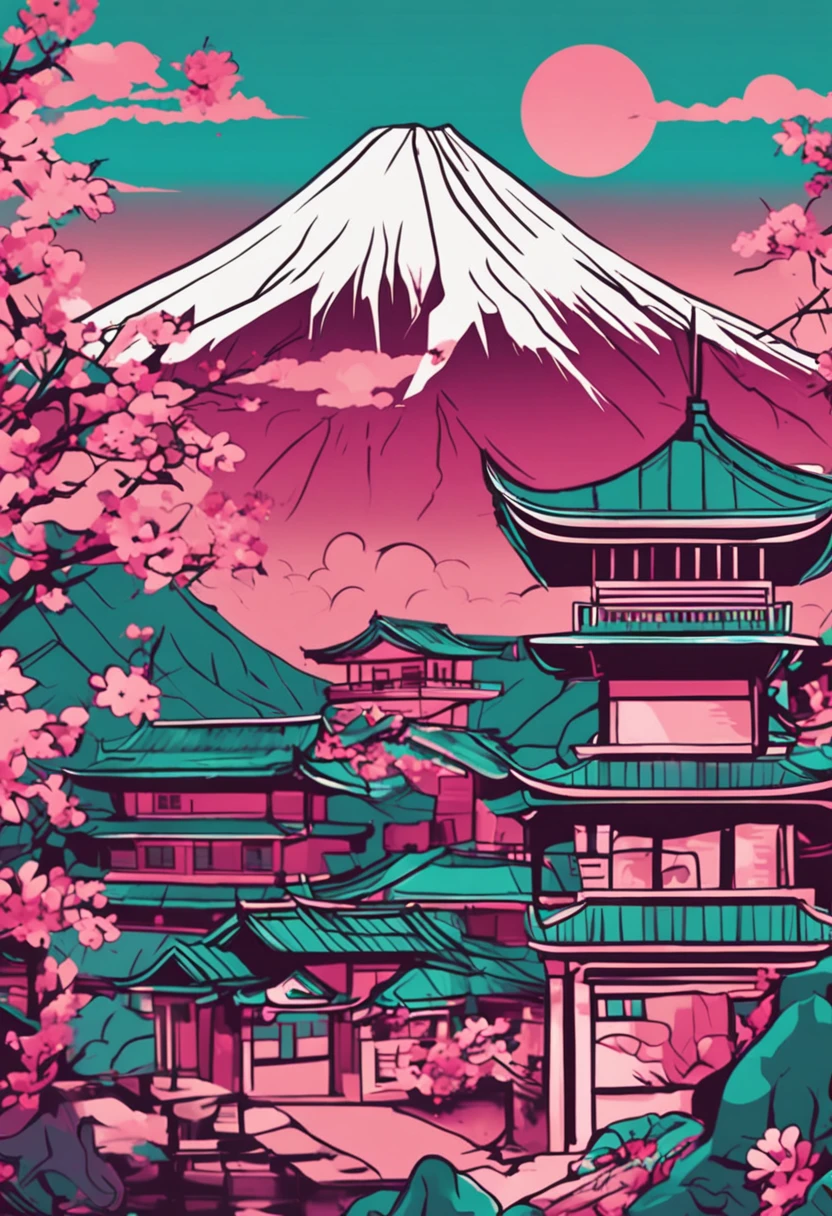 a poster with japanese buildings and a mountain in the background, in the style of light teal and dark pink, traditional animation, travel, layered images, traditional, vintage imagery, cherry blossoms