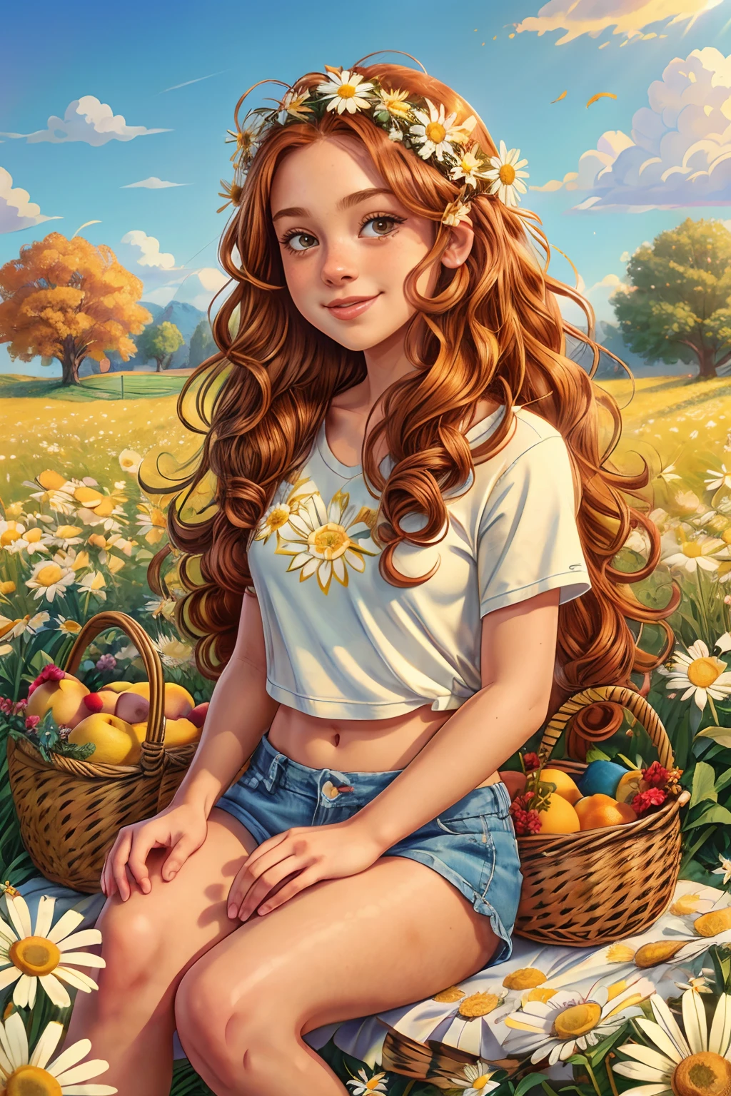 (girl:1.2),solo, (ginger curly long hair:1.1), brown eyes, wreath of daisies on her head, sitting in a field of daisies, smile, (fruit basket:1.1), blue shorts, red shirt, RAW photo, full sharp, (FullHD epic wallpaper) 8k uhd, dslr, soft lighting, high quality, film grain, Fujifilm XT3