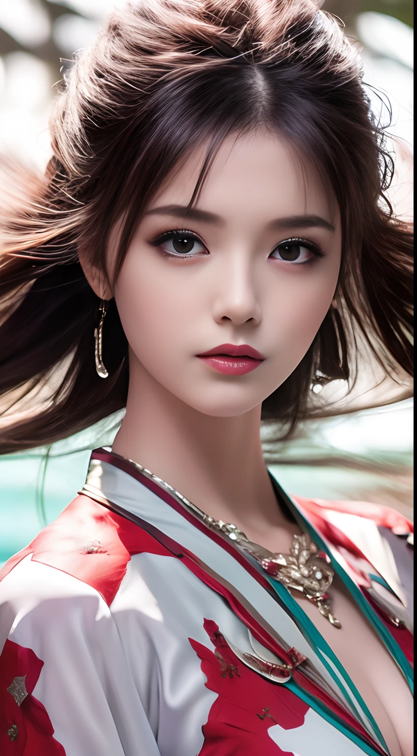 8K Ultra HD, Mastmis, A girl, Good face, Detailed, Eyes, Beautiful lips, Very red hair, dishiveredhair, Medium breasts, Wedding dress, White dress, In the park, Flying birds, blows wind, clear weather, Sitting, Full body capture,