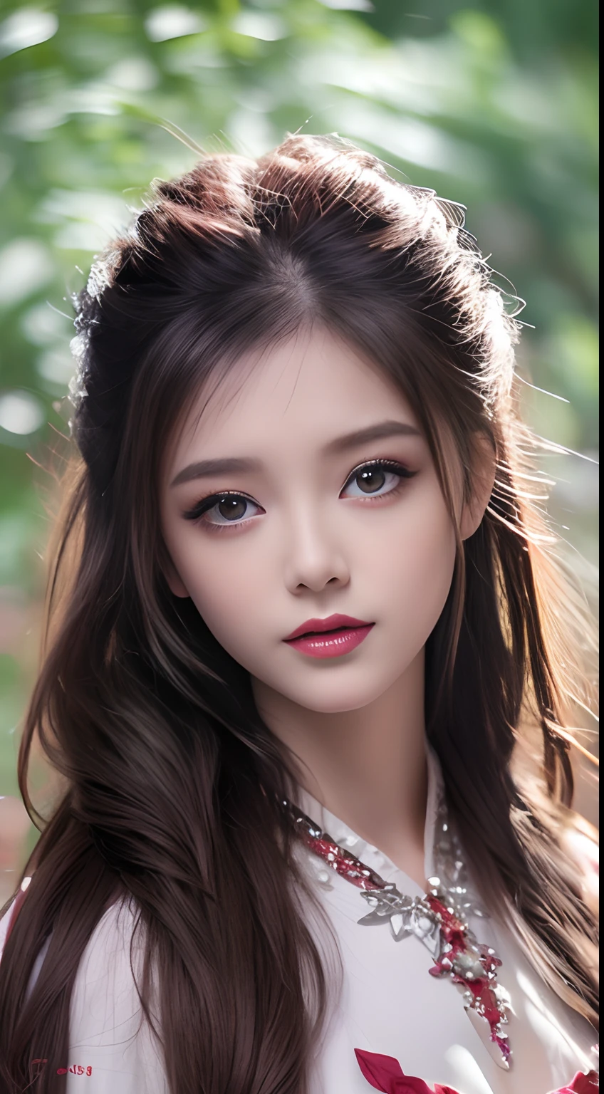 8K Ultra HD, Mastmis, A girl, Good face, Detailed, Eyes, Beautiful lips, Very red hair, dishiveredhair, Medium breasts, Wedding dress, White dress, In the park, Flying birds, blows wind, clear weather, Sitting, Full body capture,
