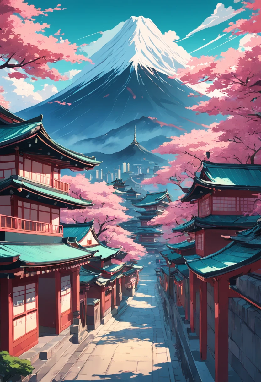 a poster with japanese buildings and a mountain in the background, in the style of light teal and dark pink, traditional animation, travel, layered images, traditional, vintage imagery, cherry blossoms