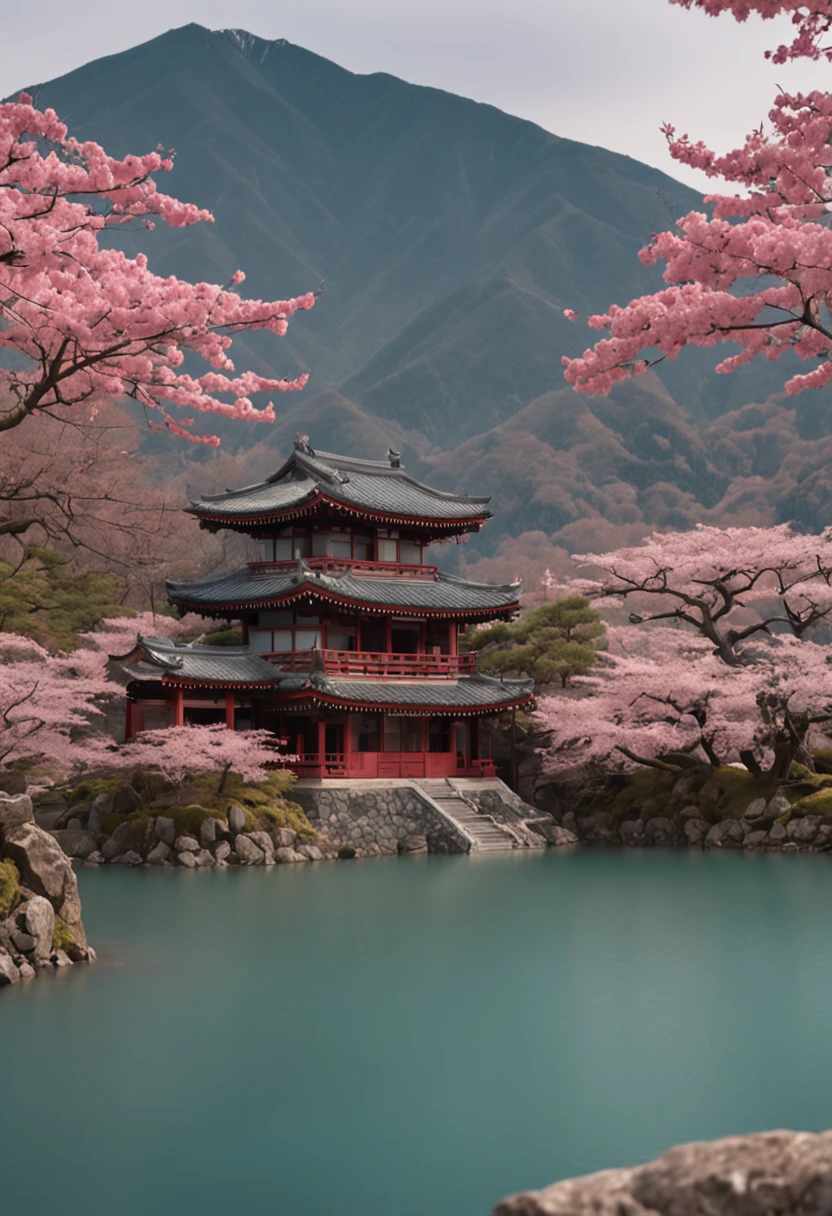 a poster with japanese buildings and a mountain in the background, in the style of light teal and dark pink, traditional animation, travel, layered images, traditional, vintage imagery, cherry blossoms