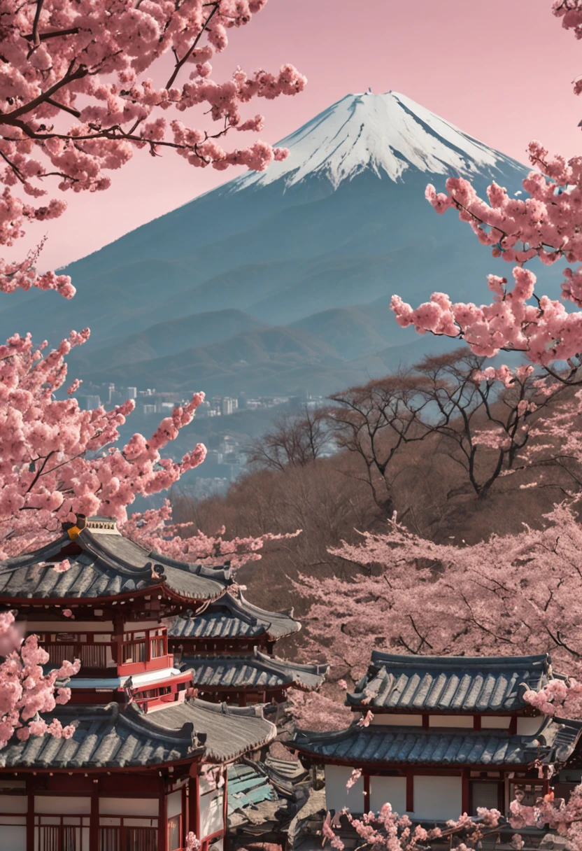 a poster with japanese buildings and a mountain in the background, in the style of light teal and dark pink, traditional animation, travel, layered images, traditional, vintage imagery, cherry blossoms